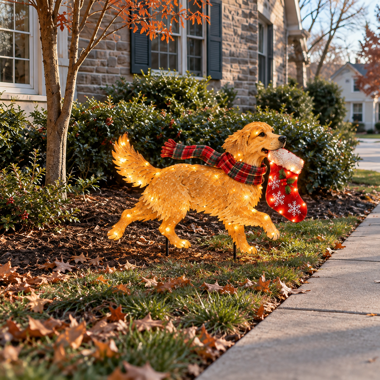 The Christmas Stocking Dash – Lighted Golden Retriever Christmas Yard Stake, Outdoor Holiday Decor
