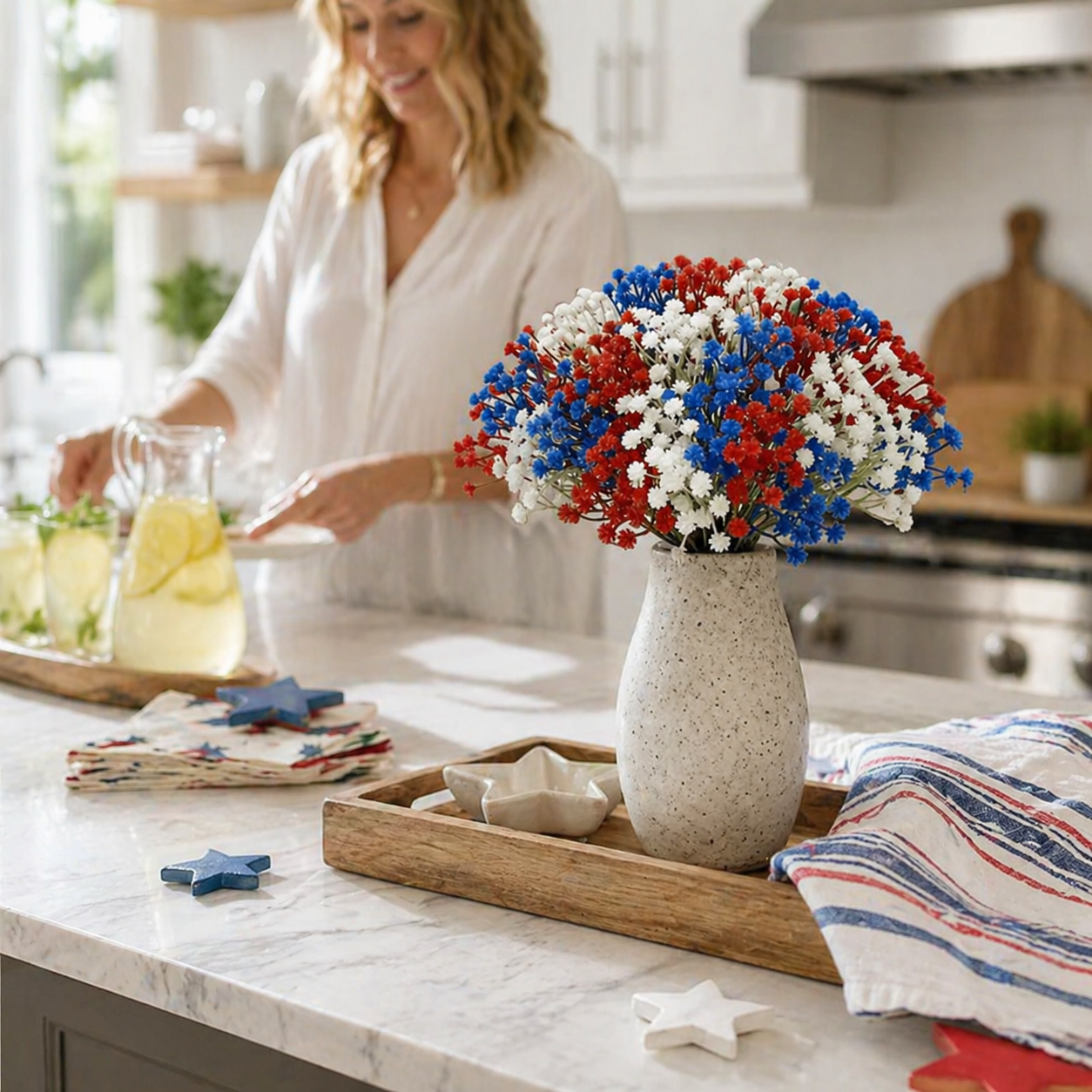 30Pcs Patriotic Faux Baby’s Breath Stems for 4th of July Decor
