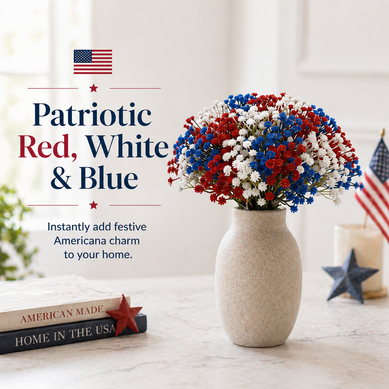 30Pcs Patriotic Faux Baby’s Breath Stems for 4th of July Decor