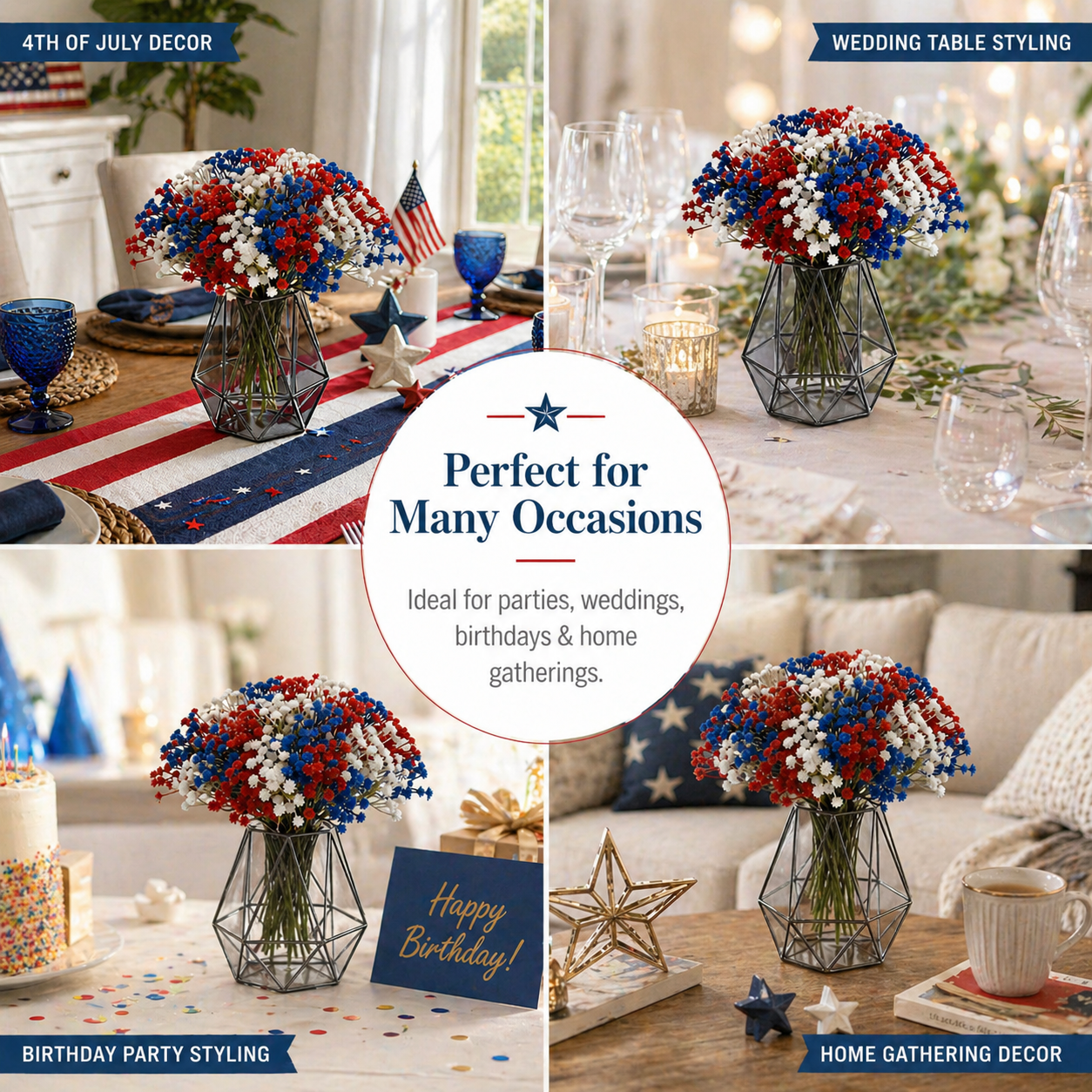 30Pcs Patriotic Faux Baby’s Breath Stems for 4th of July Decor