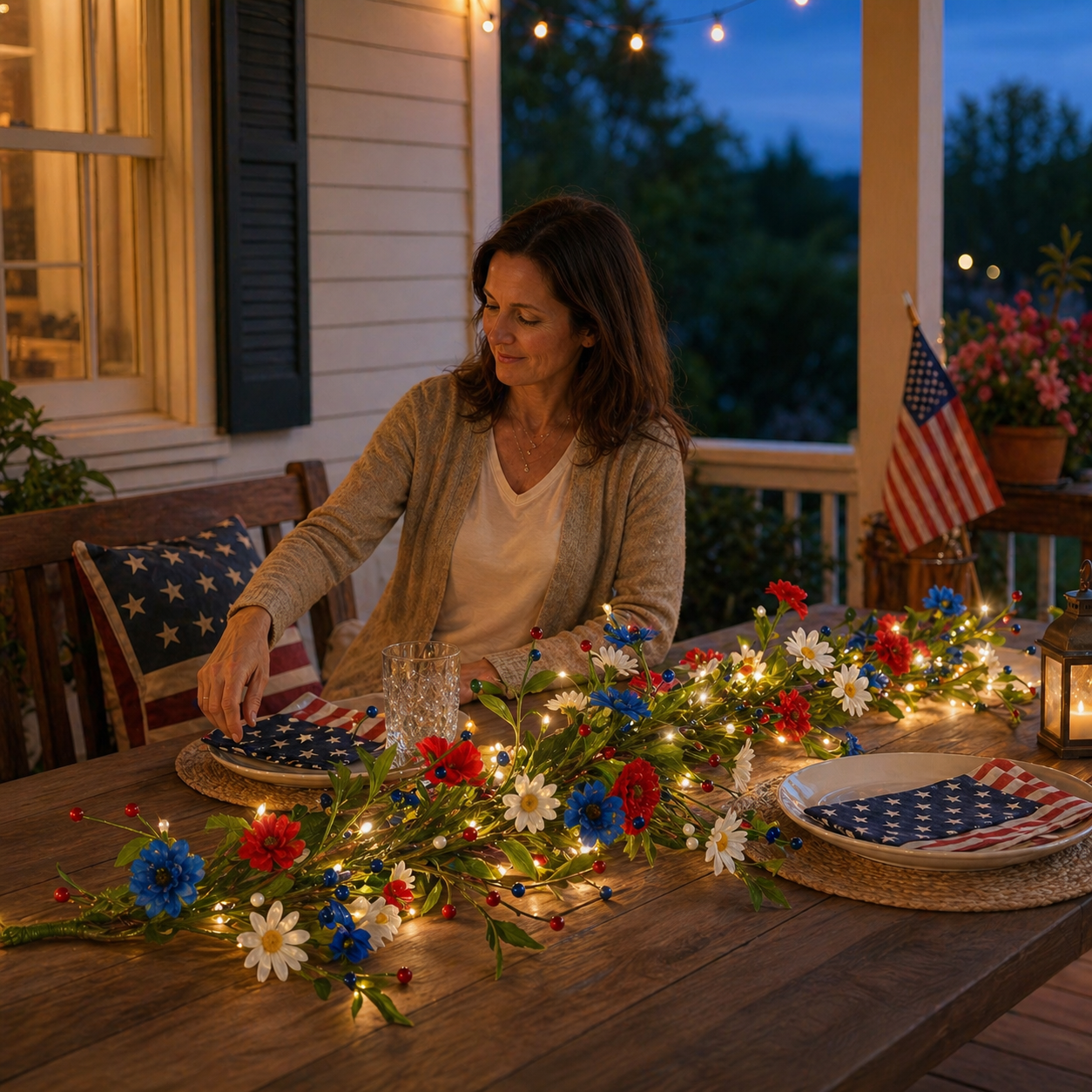 250th Anniversary Red, White and Blue Decorated Berry Branch (with Lights)