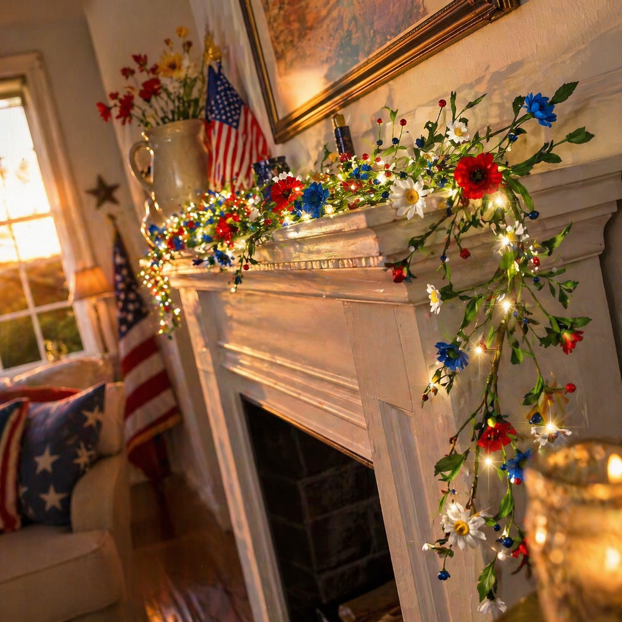 250th Anniversary Red, White and Blue Decorated Berry Branch (with Lights)