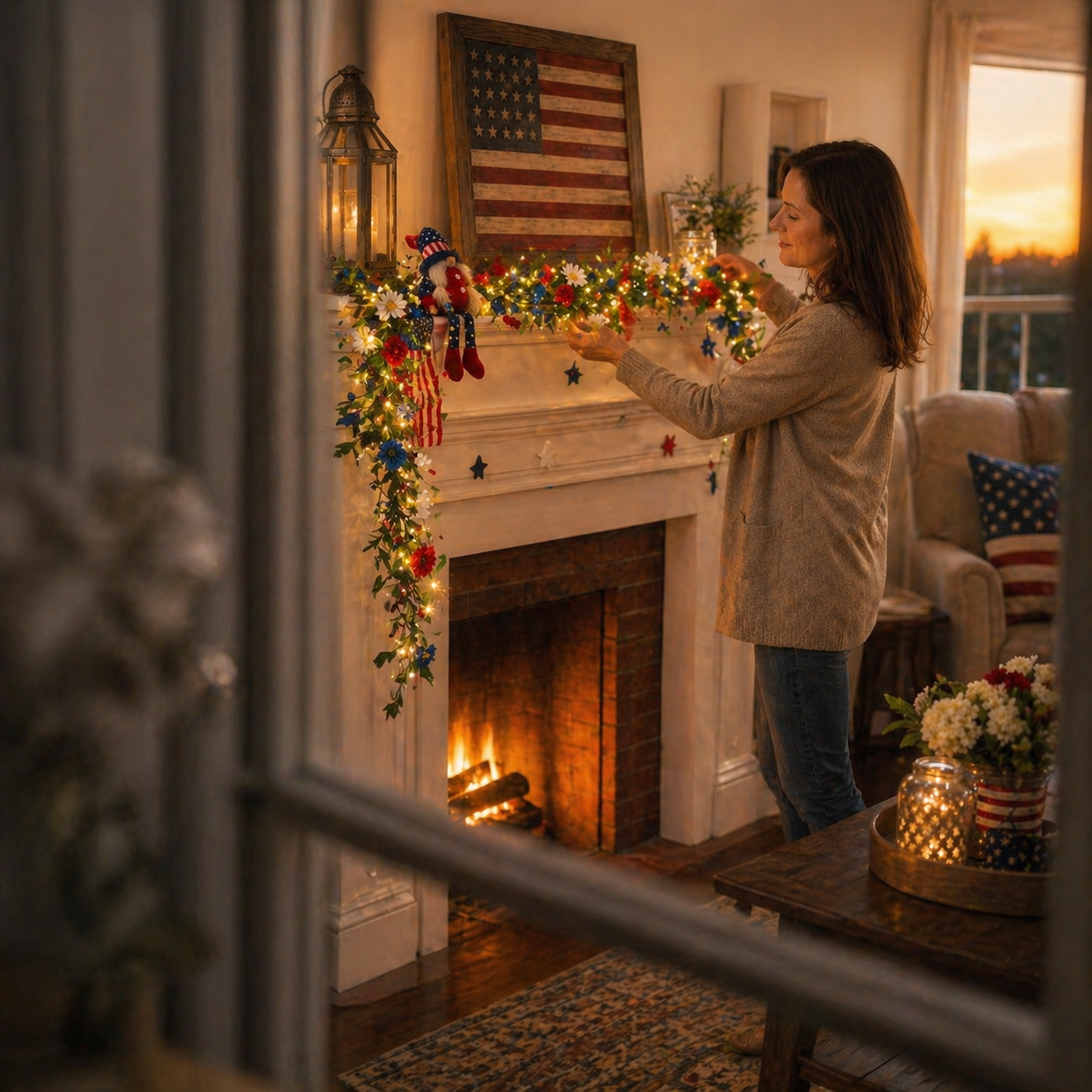 250th Anniversary Red, White and Blue Decorated Berry Branch (with Lights)