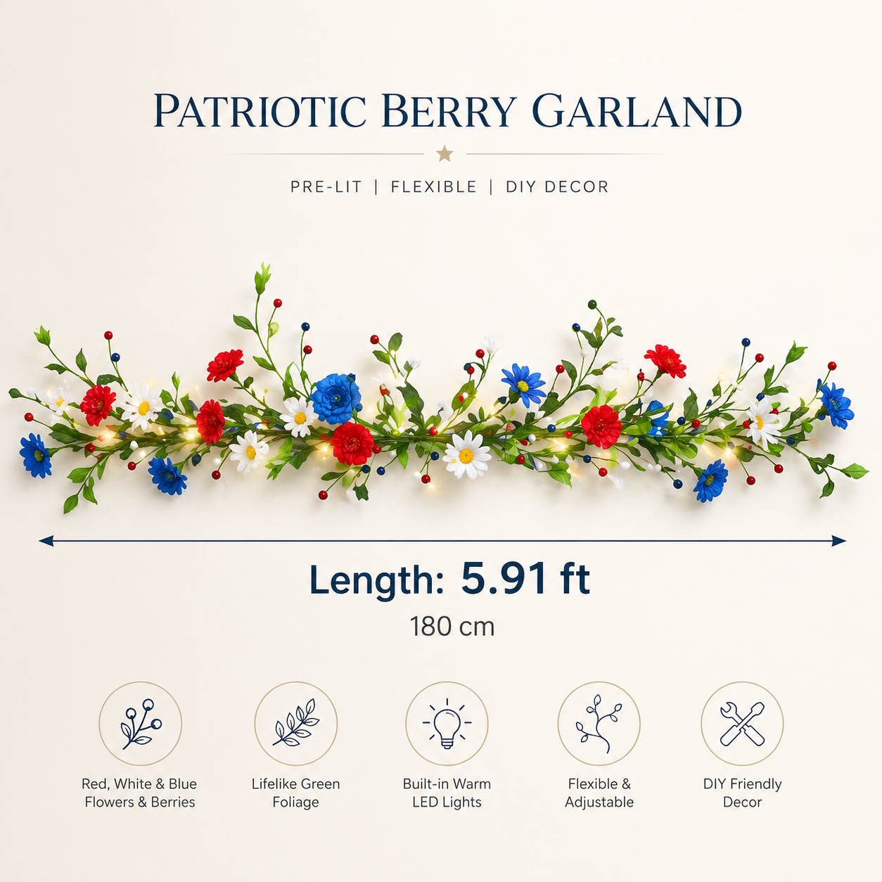 250th Anniversary Red, White and Blue Decorated Berry Branch (with Lights)