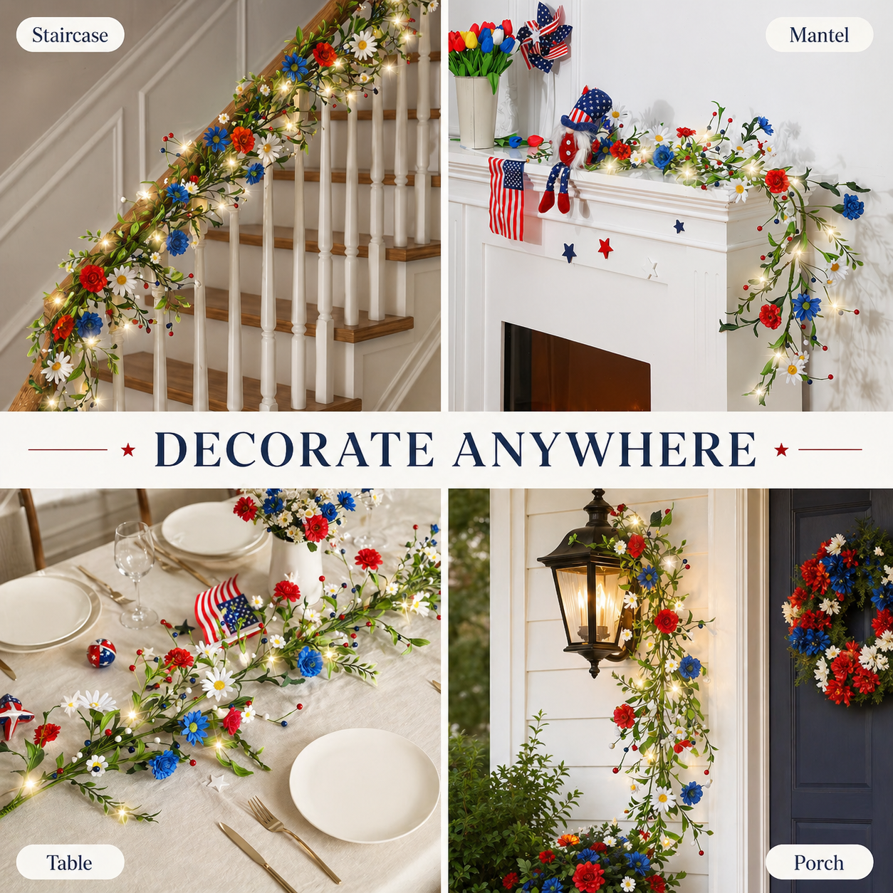 250th Anniversary Red, White and Blue Decorated Berry Branch (with Lights)