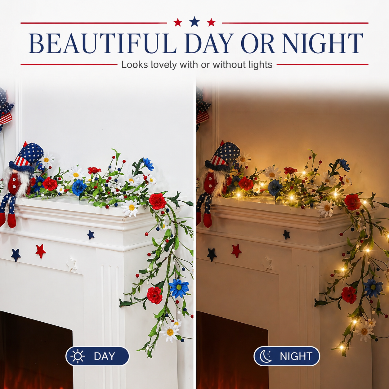 250th Anniversary Red, White and Blue Decorated Berry Branch (with Lights)