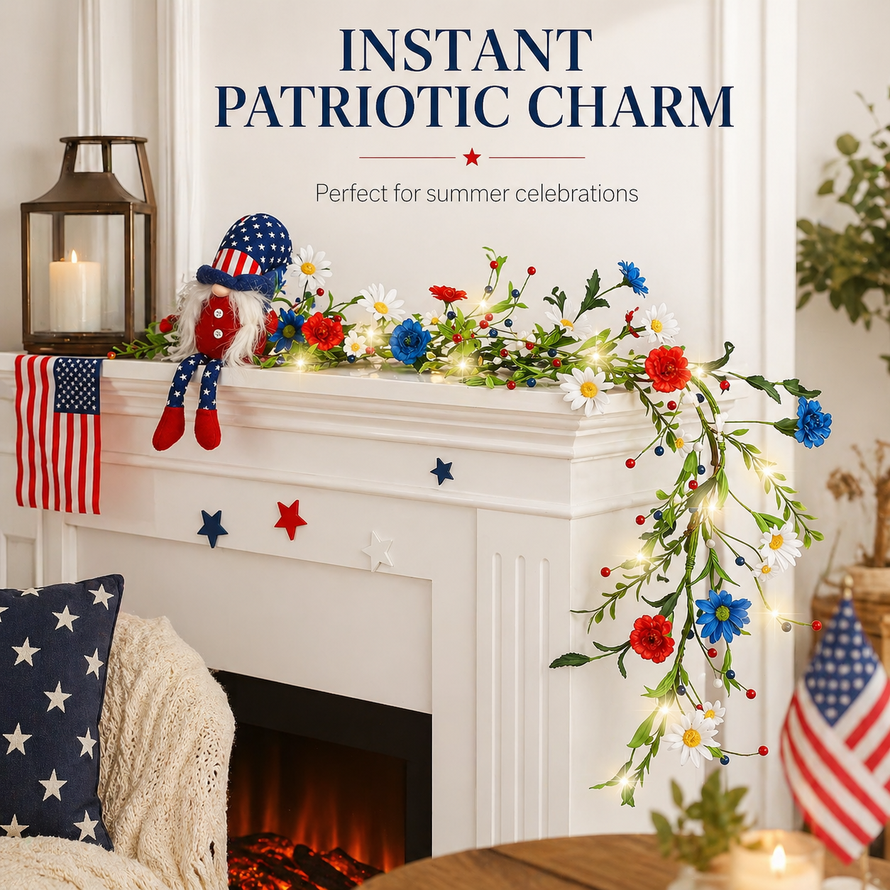 250th Anniversary Red, White and Blue Decorated Berry Branch (with Lights)