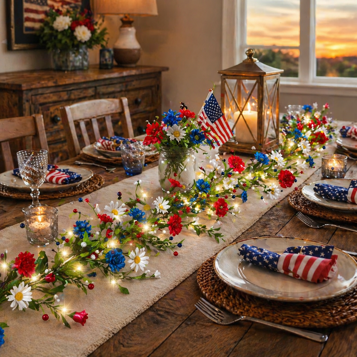 250th Anniversary Red, White and Blue Decorated Berry Branch (with Lights)