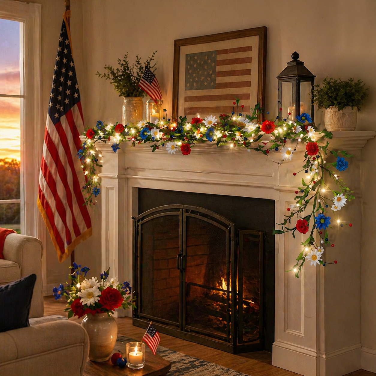 250th Anniversary Red, White and Blue Decorated Berry Branch (with Lights)