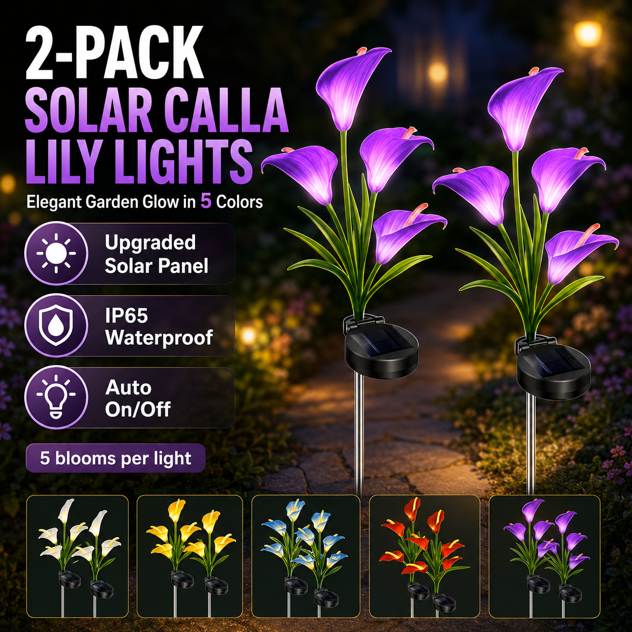 2pc Solar-Powered Calla Lily Garden Outdoor LED Light