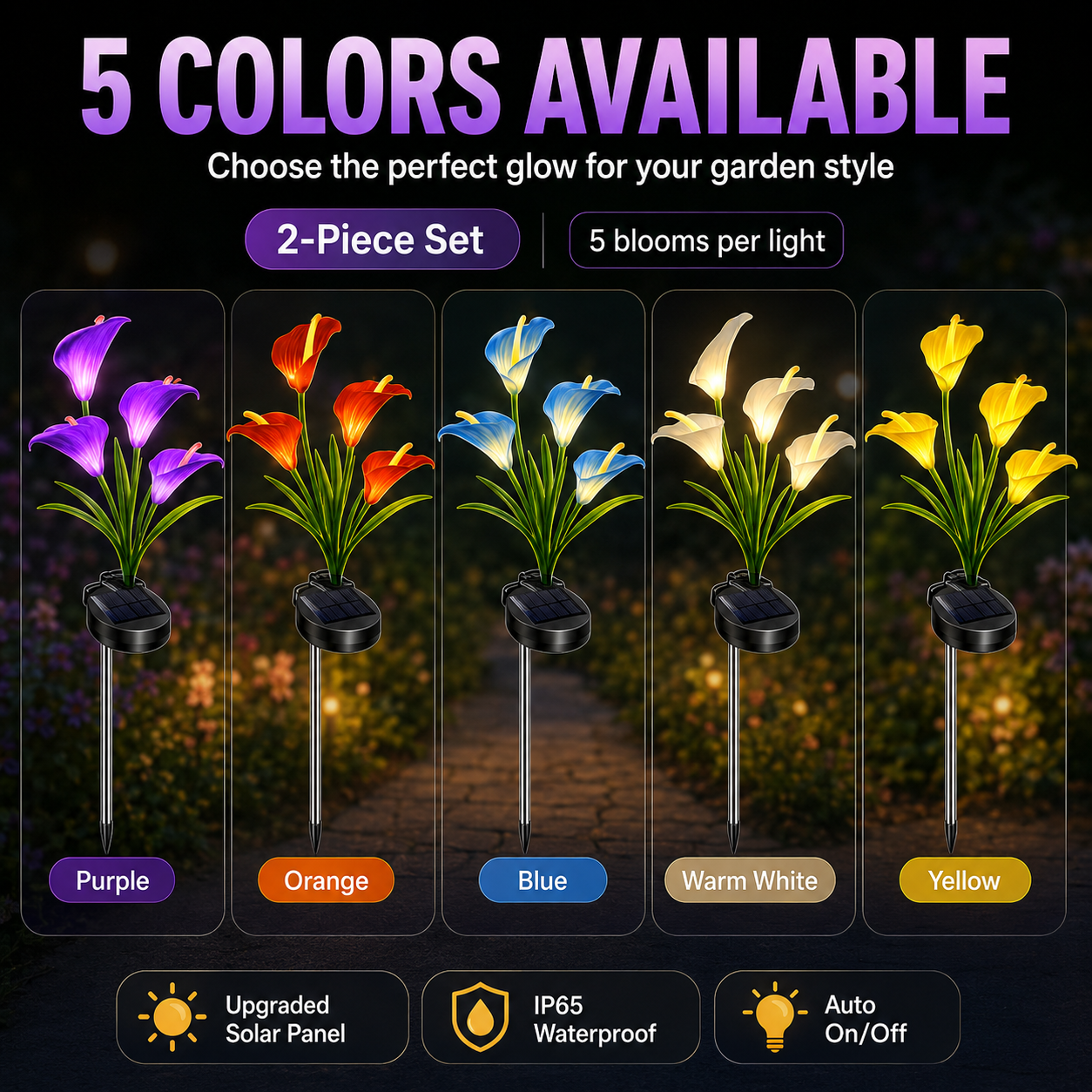 2pc Solar-Powered Calla Lily Garden Outdoor LED Light