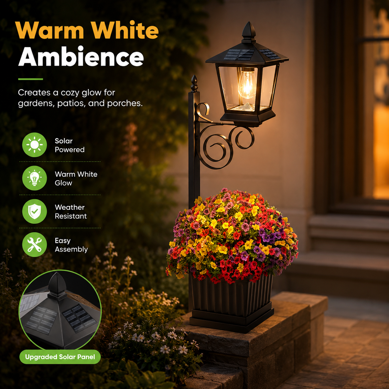 Waterproof Solar-Powered Flower Pot Light – Warm White Light, Suitable For Courtyards, Porches, And Entrances.