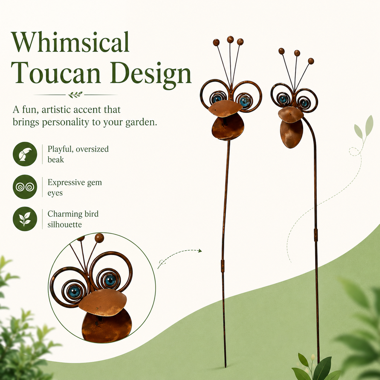 Rustic Metal Big-Beak Toucan Garden Stakes – 2-Piece Decorative Yard Art Set