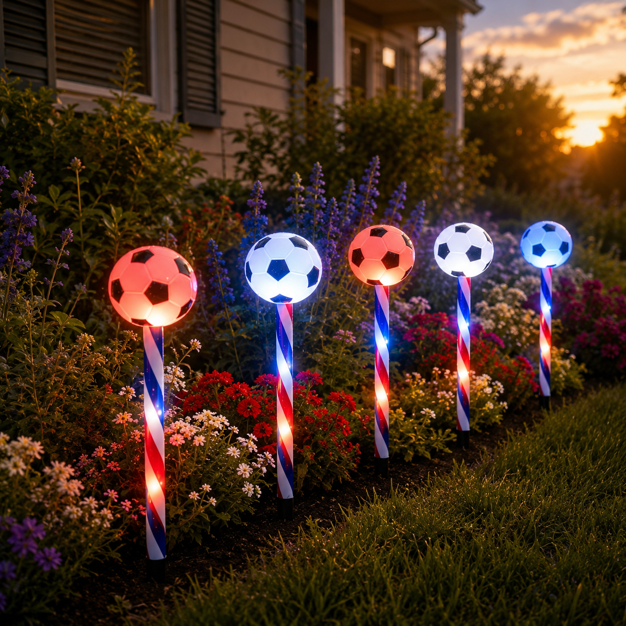 Patriotic Solar Soccer Garden Light Set – 5-Piece Outdoor Stake Lights for Lawn, Pathway & Holiday Décor