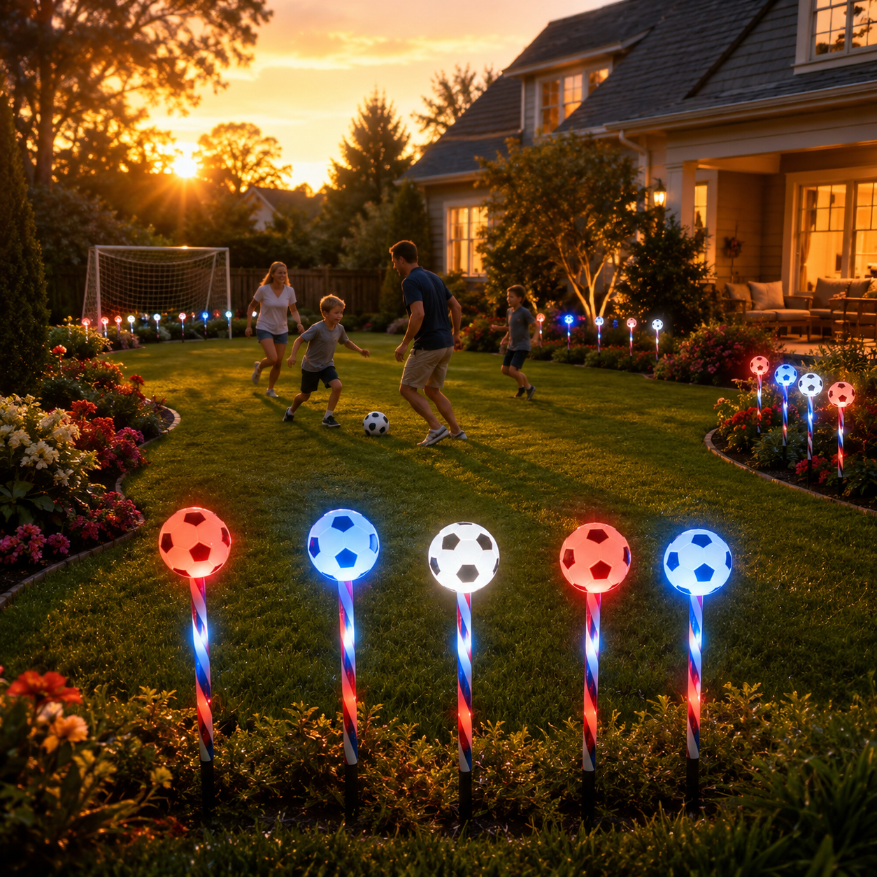 Patriotic Solar Soccer Garden Light Set – 5-Piece Outdoor Stake Lights for Lawn, Pathway & Holiday Décor