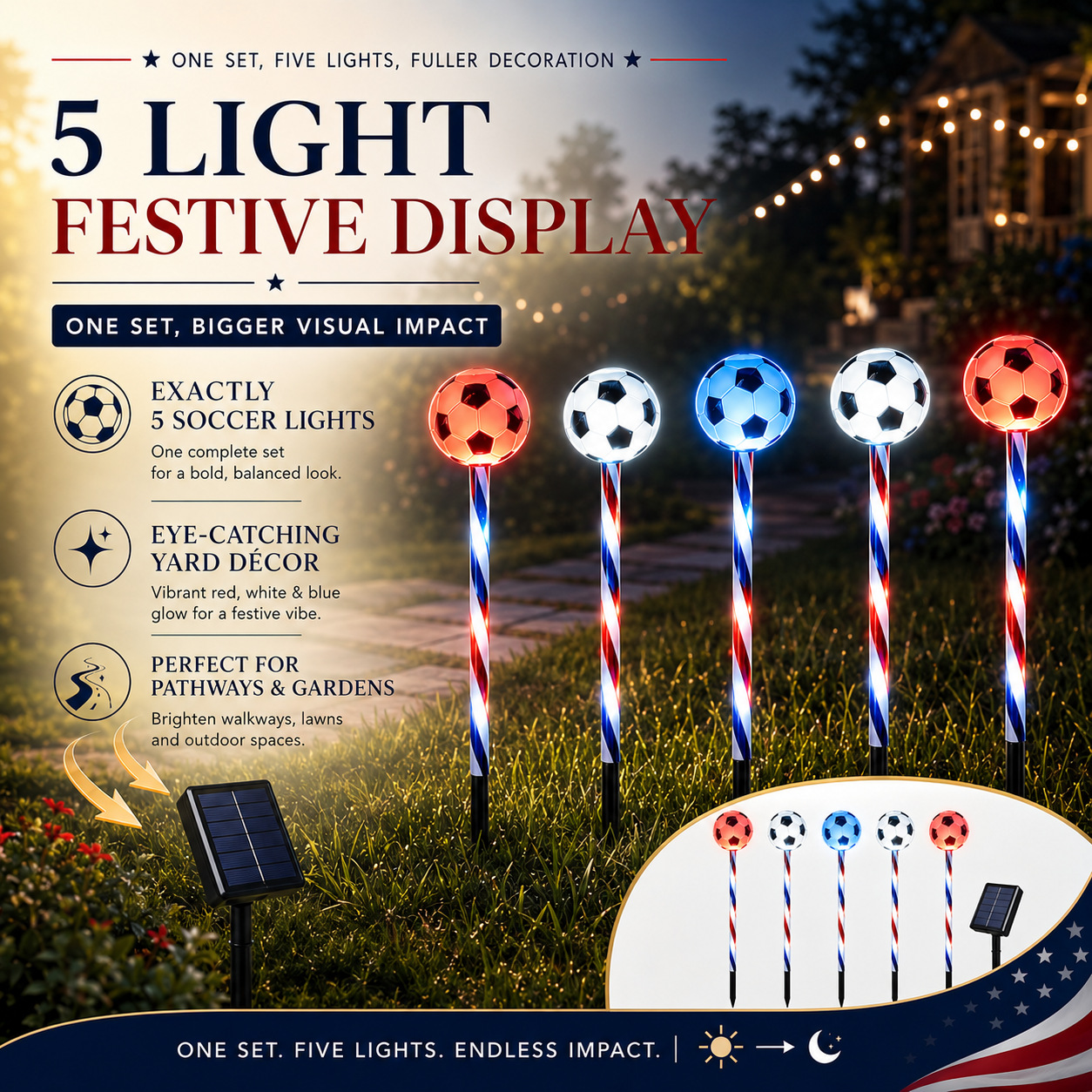 Patriotic Solar Soccer Garden Light Set – 5-Piece Outdoor Stake Lights for Lawn, Pathway & Holiday Décor