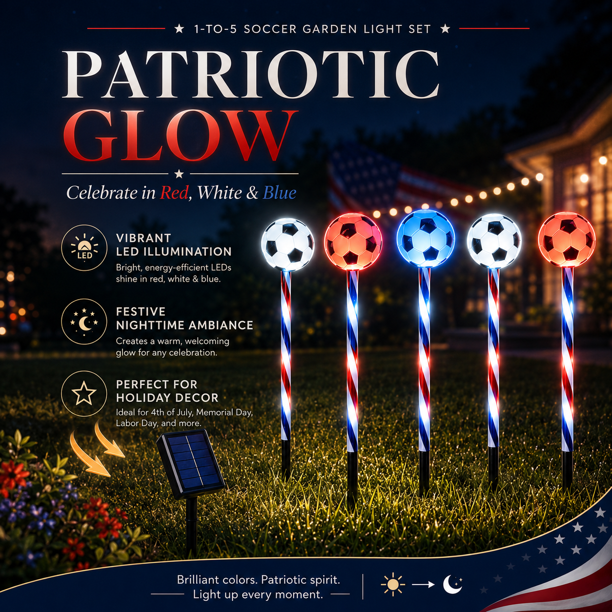 Patriotic Solar Soccer Garden Light Set – 5-Piece Outdoor Stake Lights for Lawn, Pathway & Holiday Décor