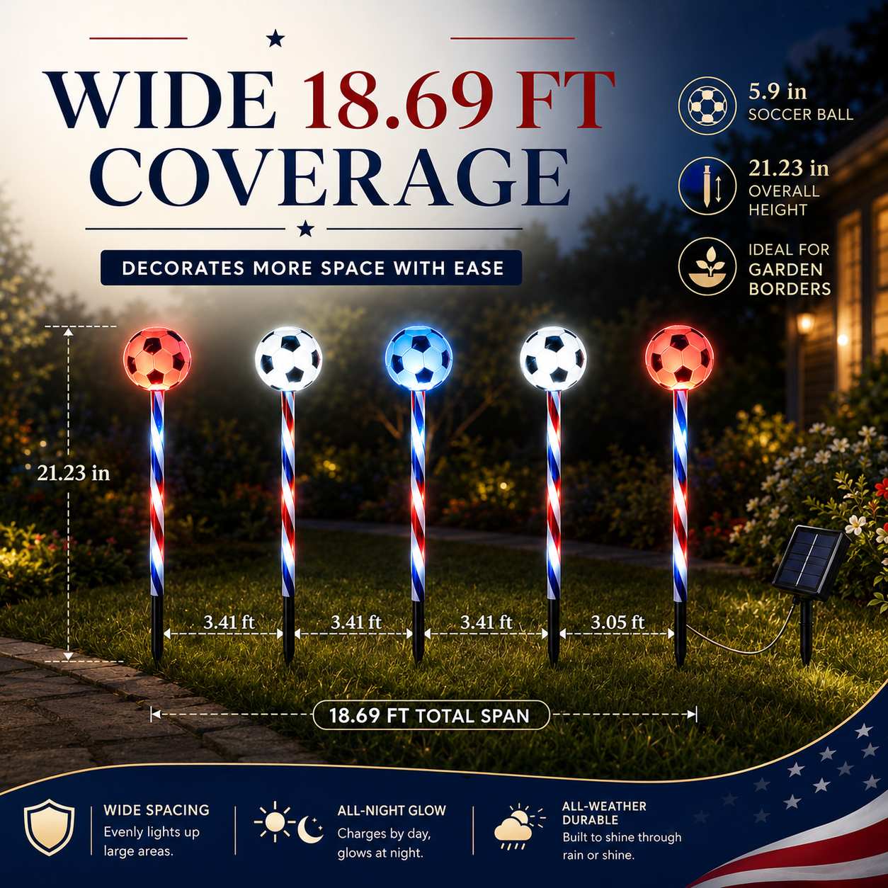 Patriotic Solar Soccer Garden Light Set – 5-Piece Outdoor Stake Lights for Lawn, Pathway & Holiday Décor