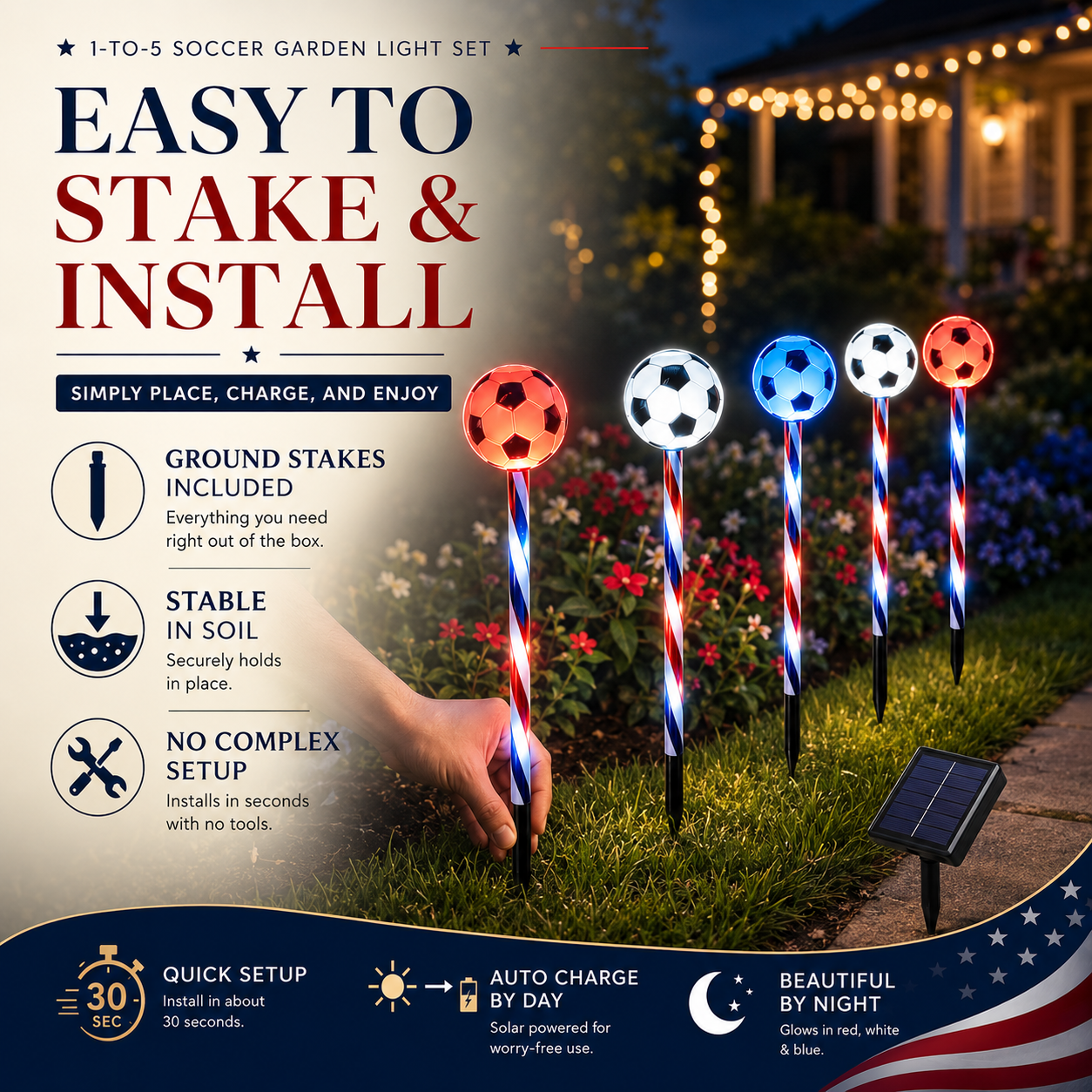 Patriotic Solar Soccer Garden Light Set – 5-Piece Outdoor Stake Lights for Lawn, Pathway & Holiday Décor