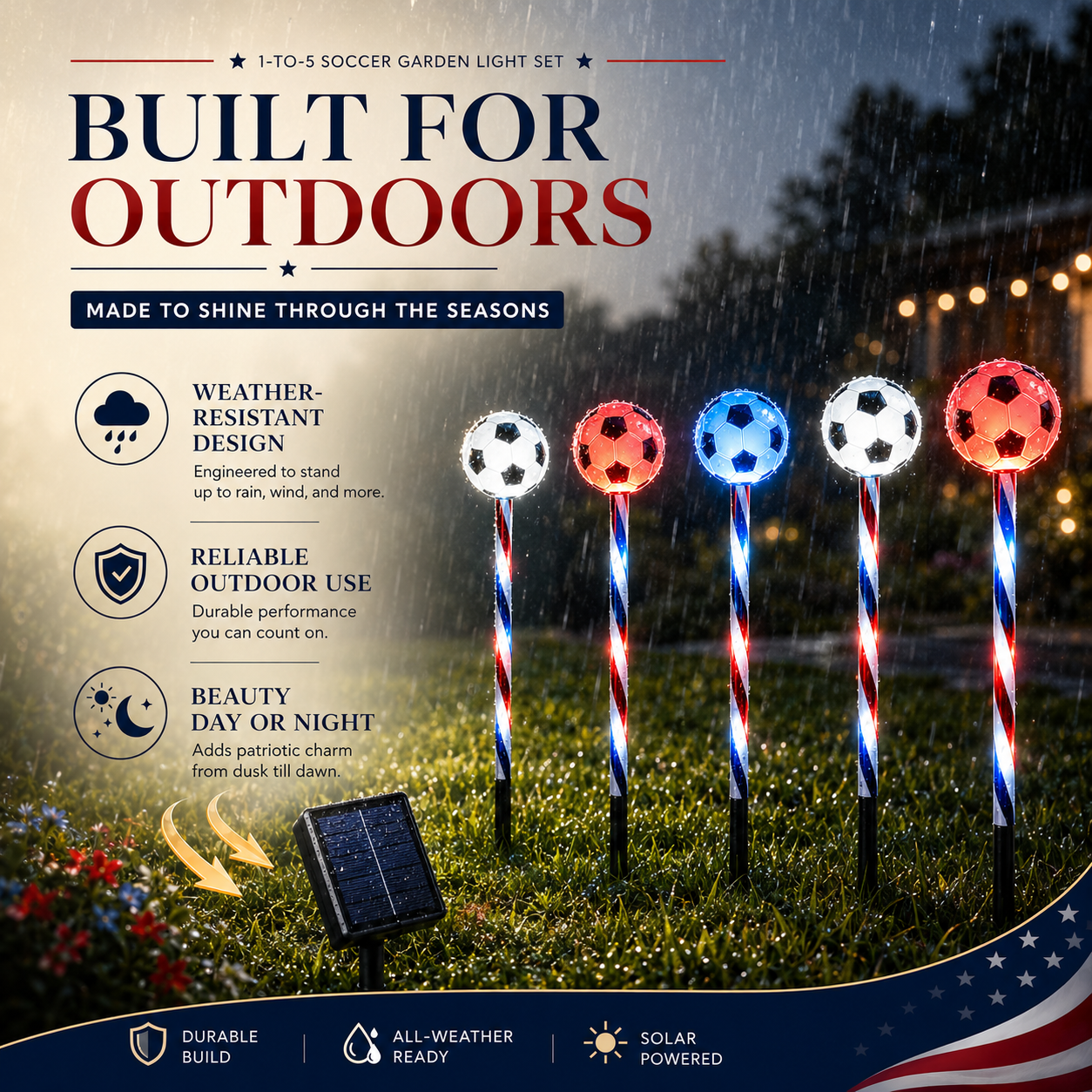 Patriotic Solar Soccer Garden Light Set – 5-Piece Outdoor Stake Lights for Lawn, Pathway & Holiday Décor