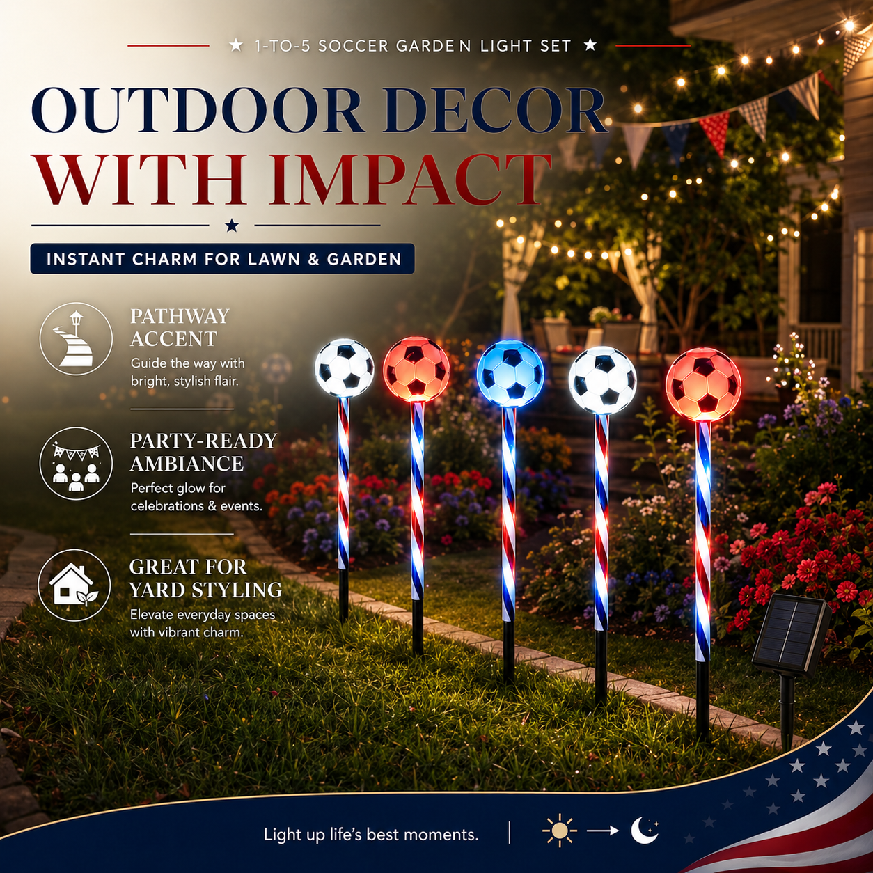 Patriotic Solar Soccer Garden Light Set – 5-Piece Outdoor Stake Lights for Lawn, Pathway & Holiday Décor