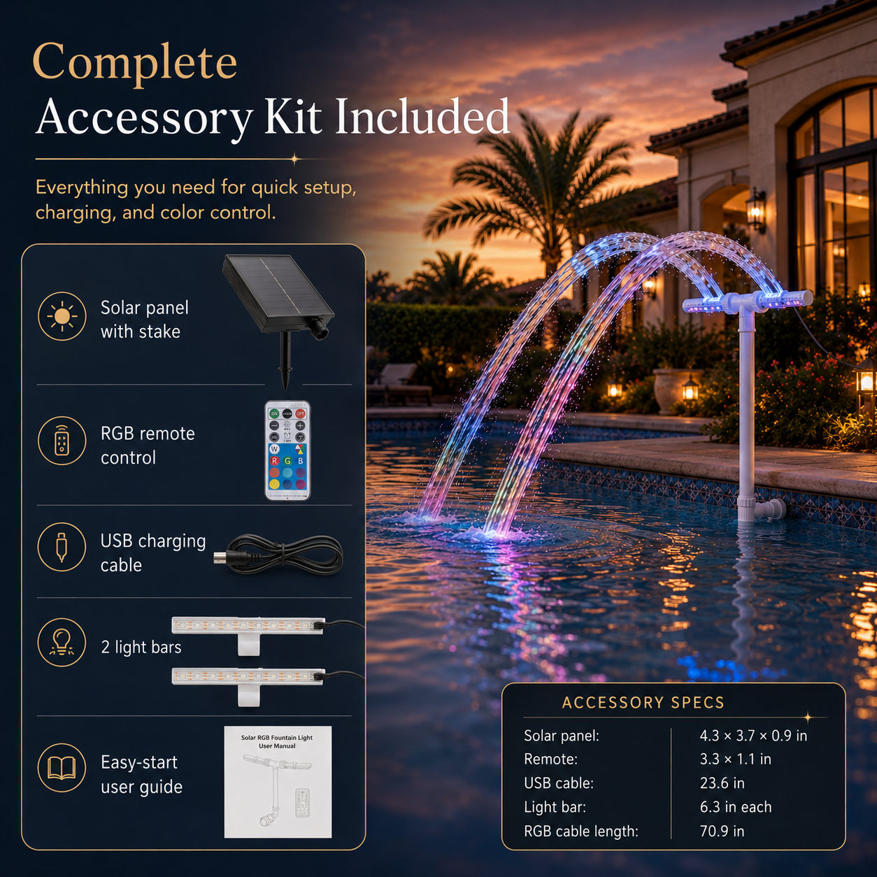 Solar-Powered Dual Spray Pool Fountain Light with 6 Color Modes