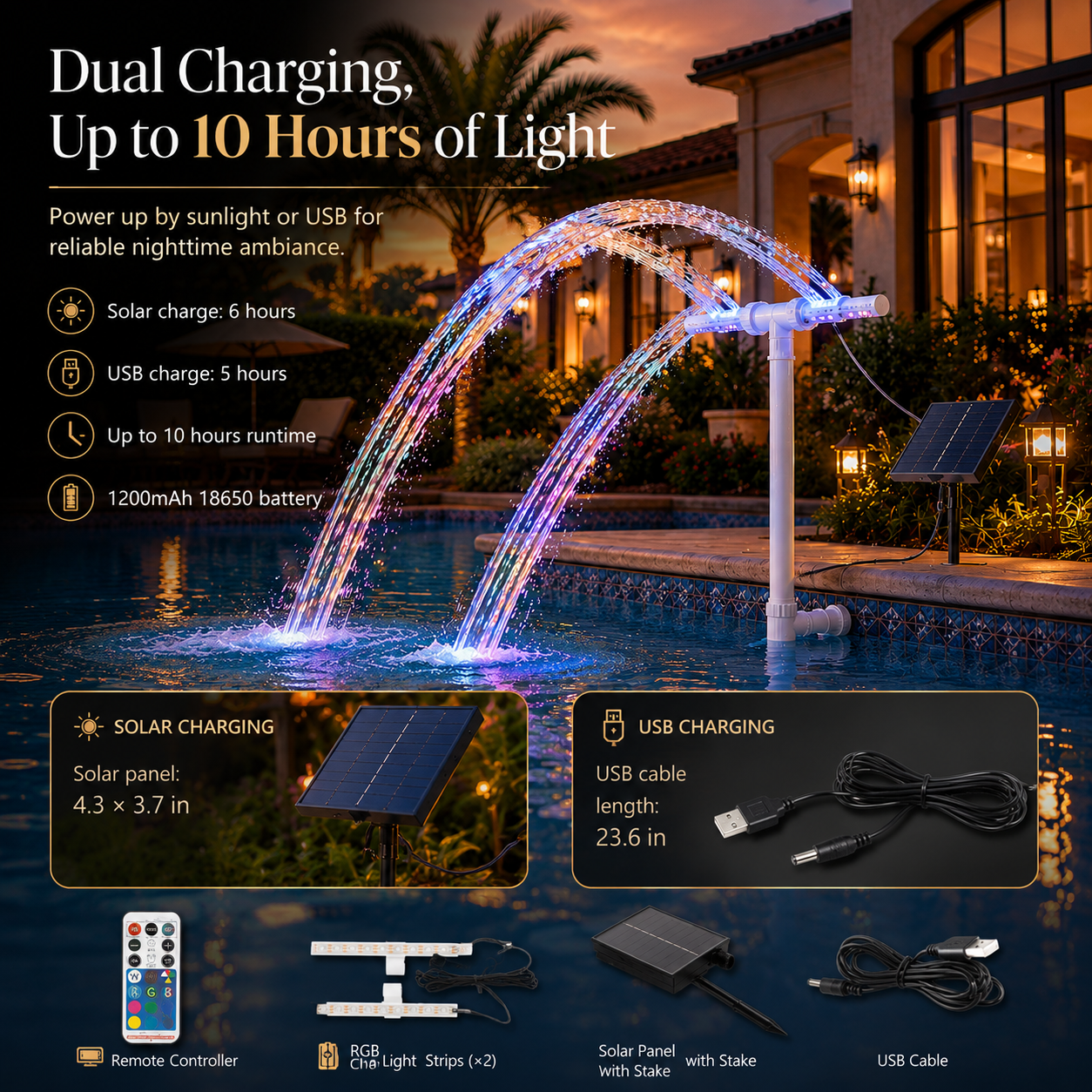 Solar-Powered Dual Spray Pool Fountain Light with 6 Color Modes