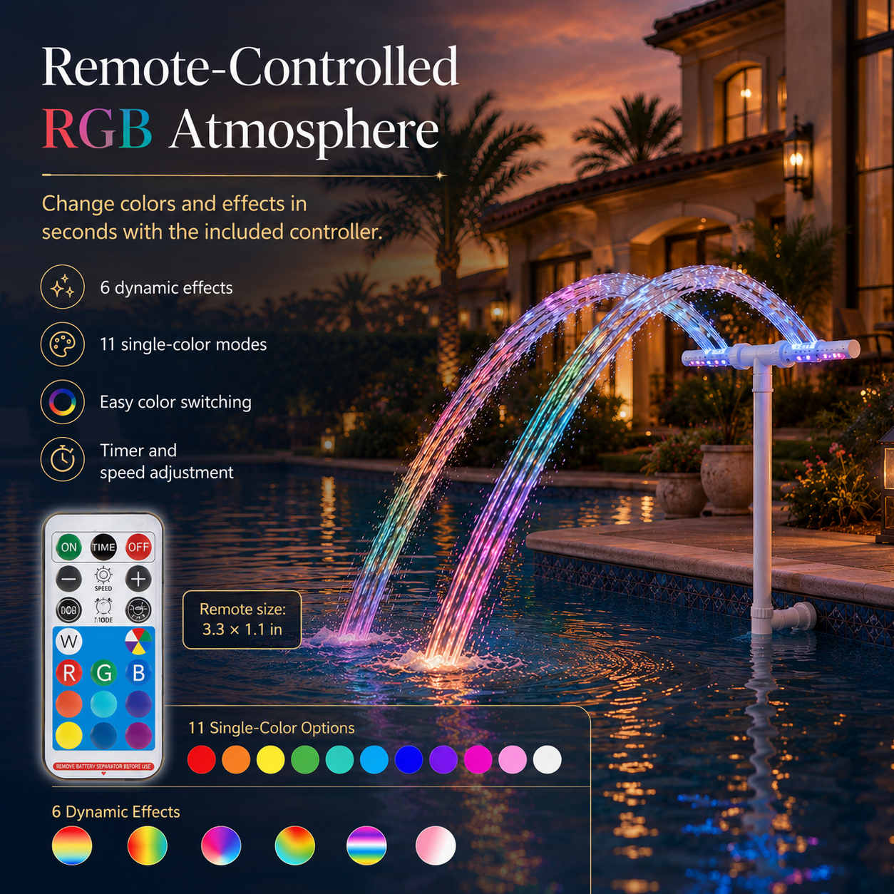 Solar-Powered Dual Spray Pool Fountain Light with 6 Color Modes