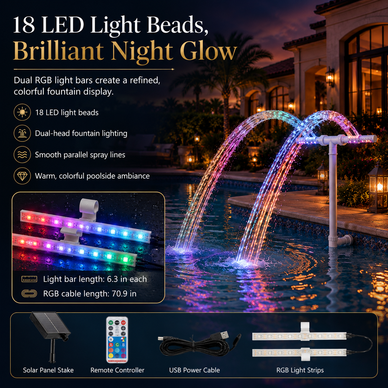 Solar-Powered Dual Spray Pool Fountain Light with 6 Color Modes