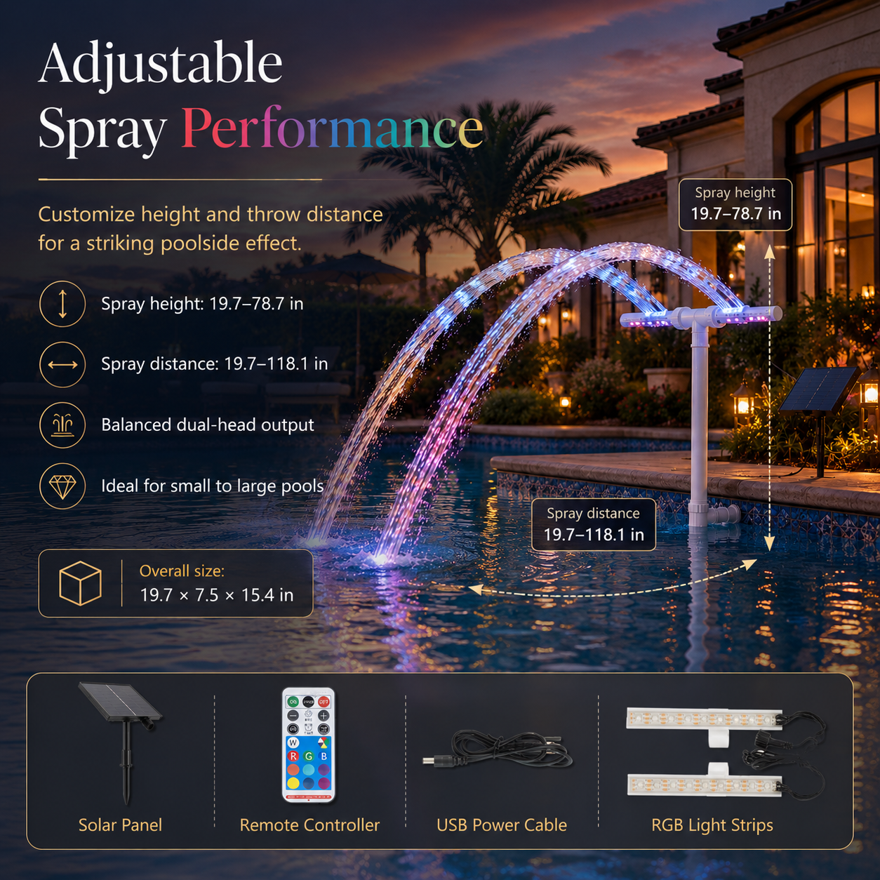 Solar-Powered Dual Spray Pool Fountain Light with 6 Color Modes