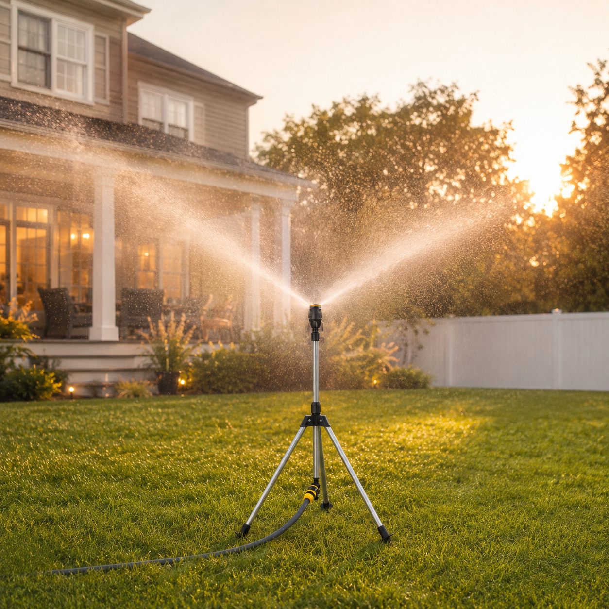 360° Rotating Garden Sprinkler with Adjustable Tripod Stand for Even Lawn Coverage