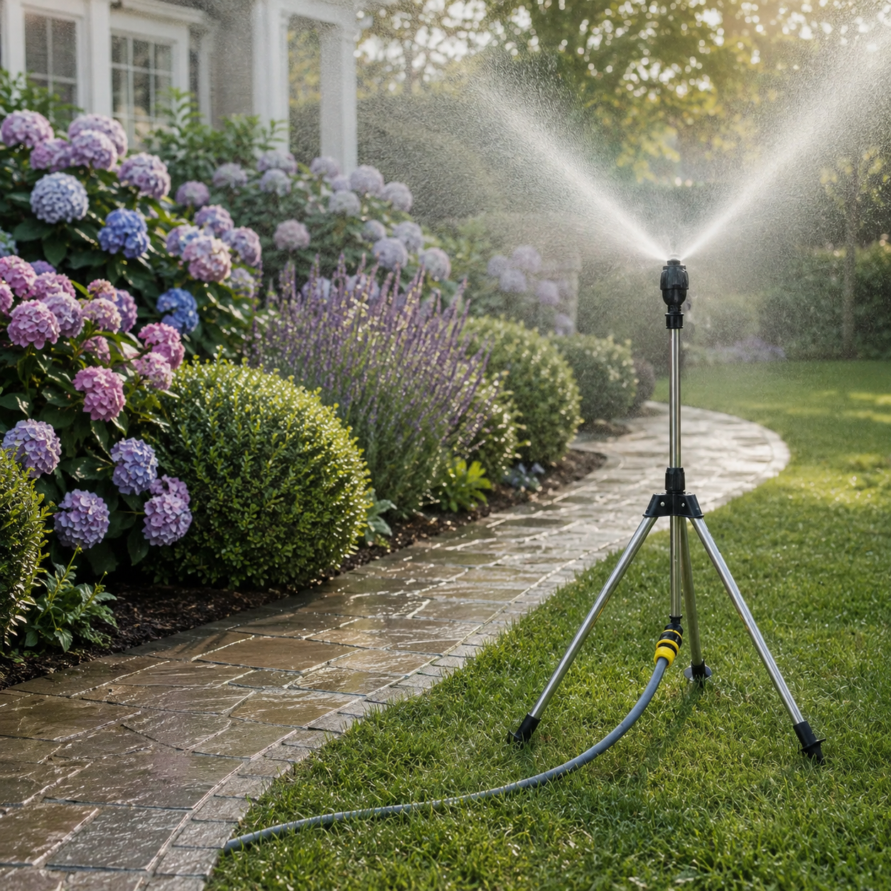 360° Rotating Garden Sprinkler with Adjustable Tripod Stand for Even Lawn Coverage