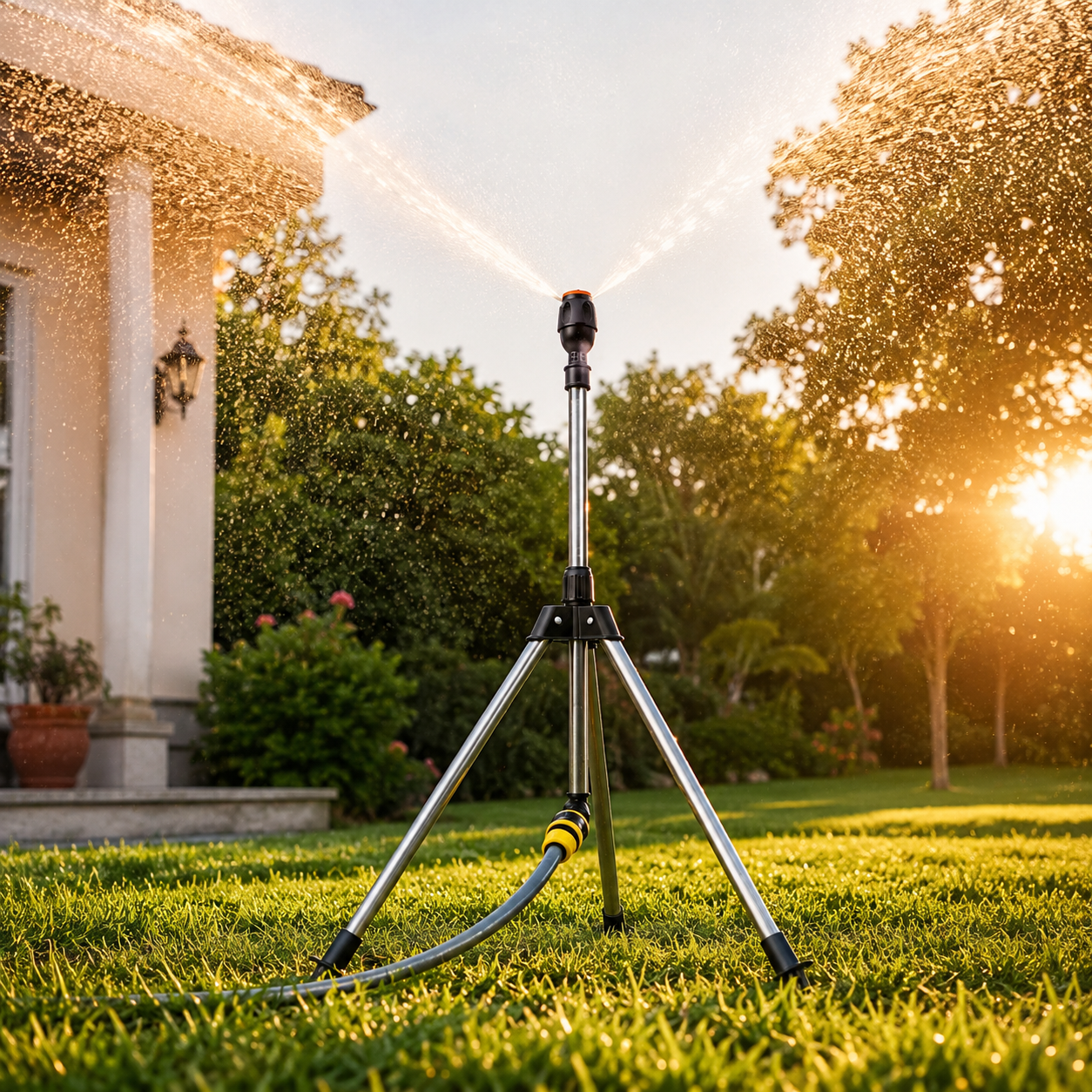 360° Rotating Garden Sprinkler with Adjustable Tripod Stand for Even Lawn Coverage
