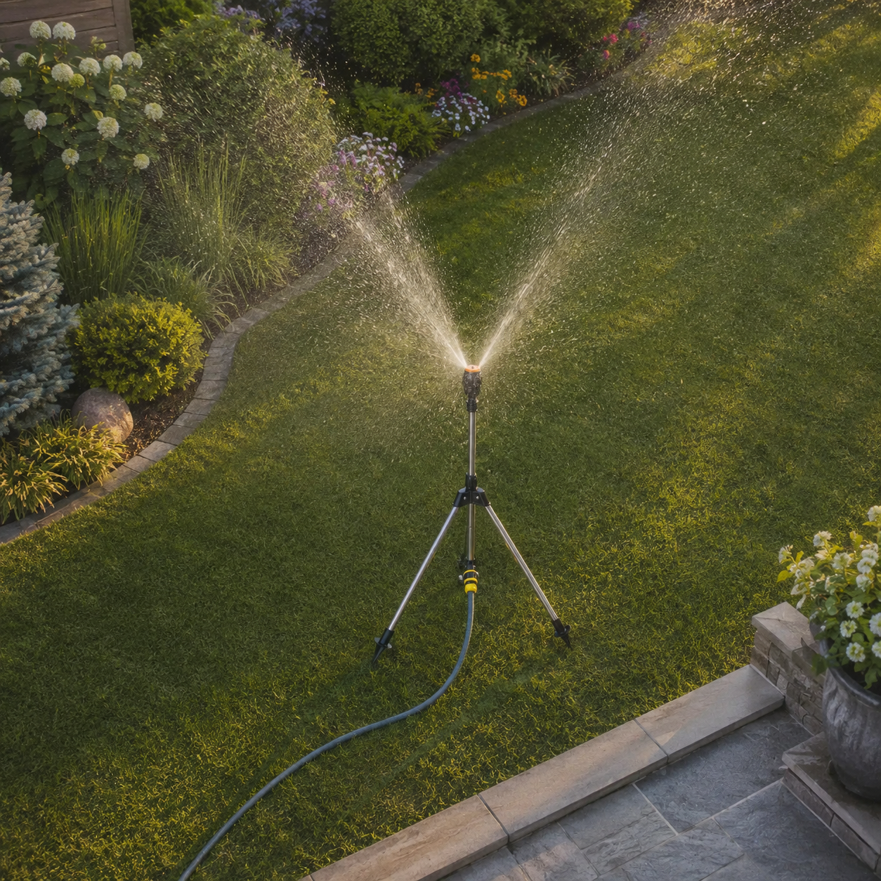 360° Rotating Garden Sprinkler with Adjustable Tripod Stand for Even Lawn Coverage