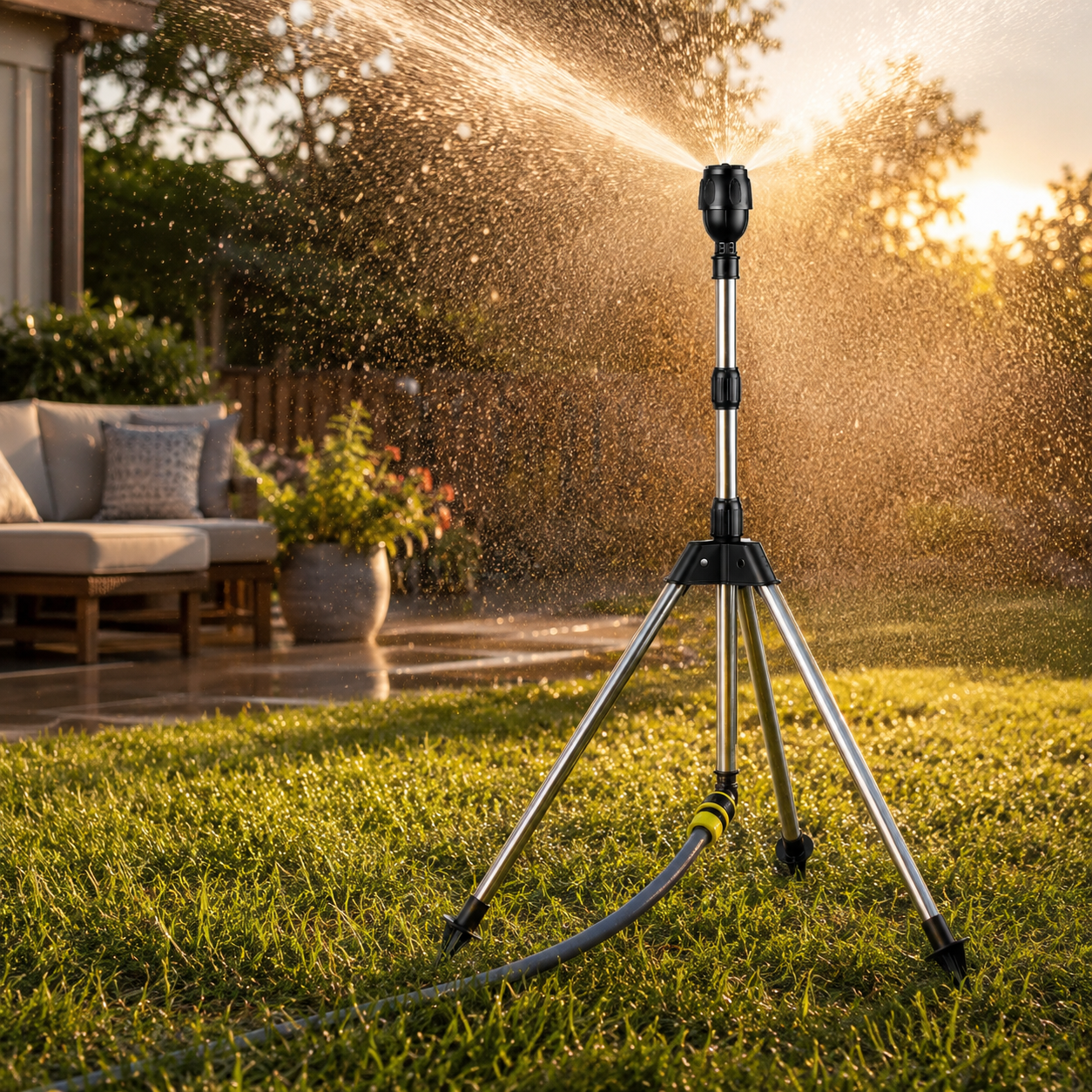 360° Rotating Garden Sprinkler with Adjustable Tripod Stand for Even Lawn Coverage