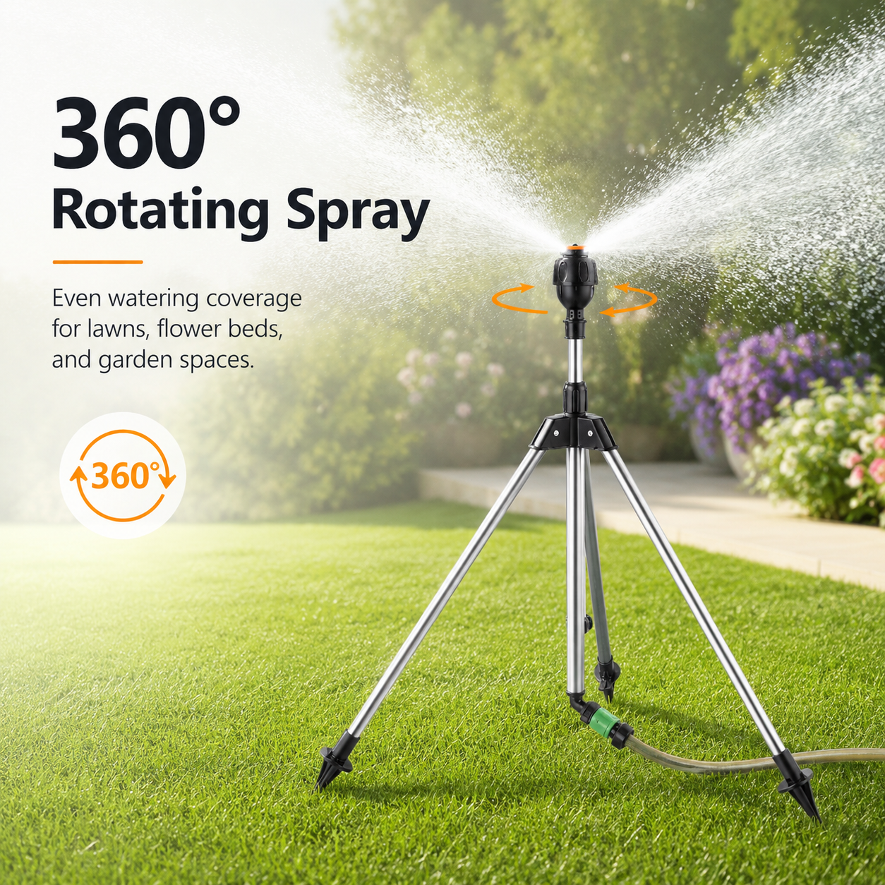 360° Rotating Garden Sprinkler with Adjustable Tripod Stand for Even Lawn Coverage