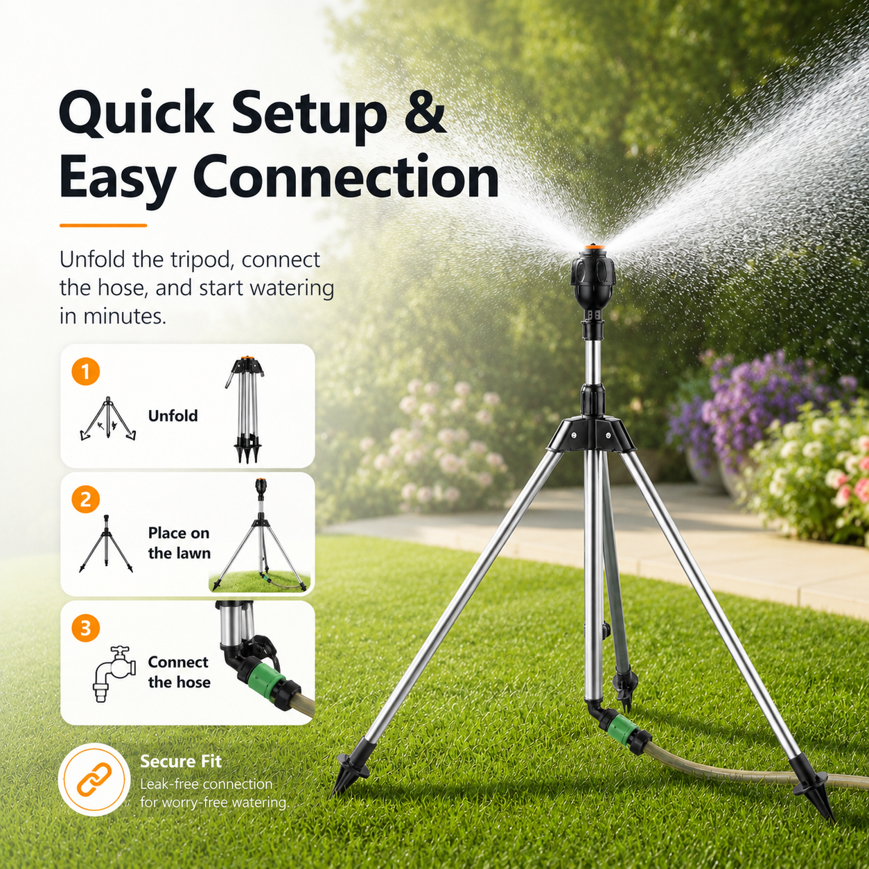 360° Rotating Garden Sprinkler with Adjustable Tripod Stand for Even Lawn Coverage