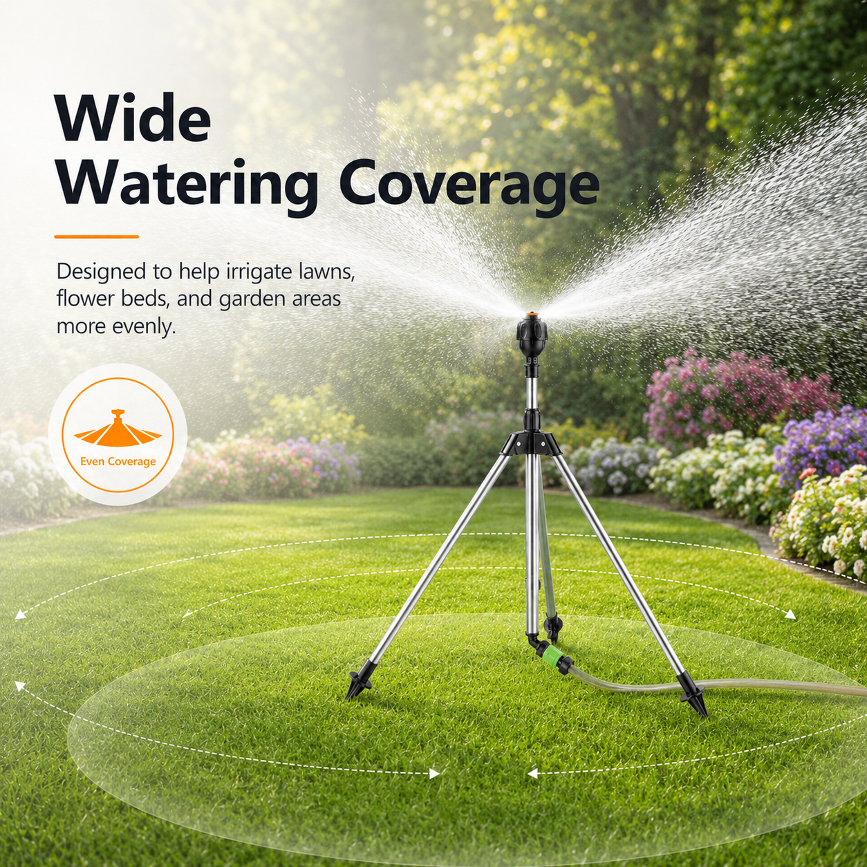 360° Rotating Garden Sprinkler with Adjustable Tripod Stand for Even Lawn Coverage