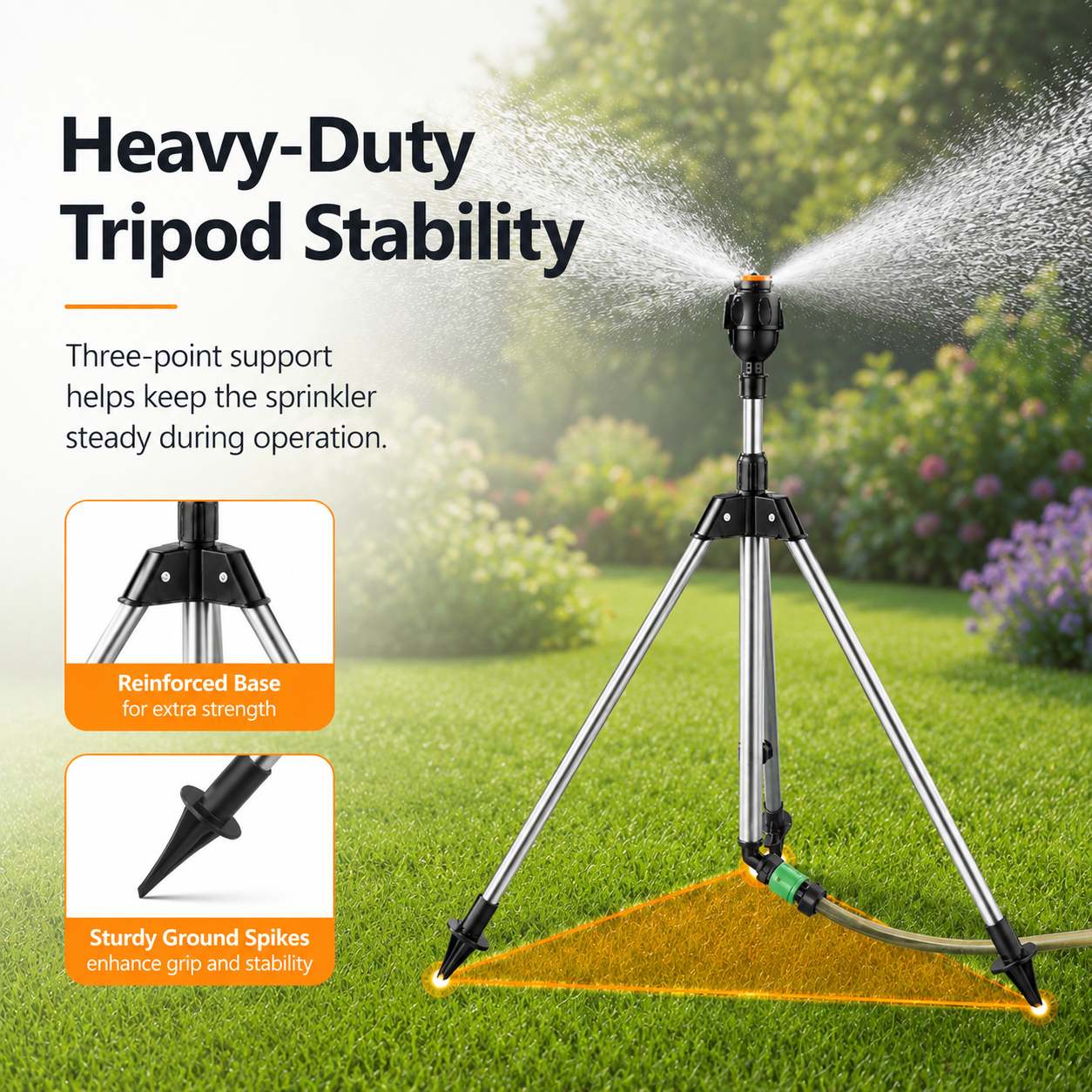 360° Rotating Garden Sprinkler with Adjustable Tripod Stand for Even Lawn Coverage