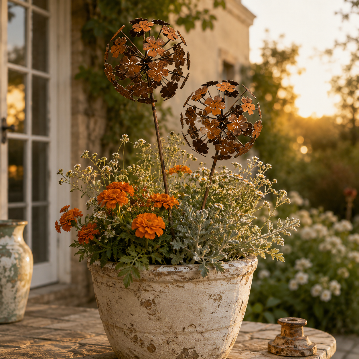 Handcrafted Rustic Daisy Planter Accent – Vintage Iron Garden Décor