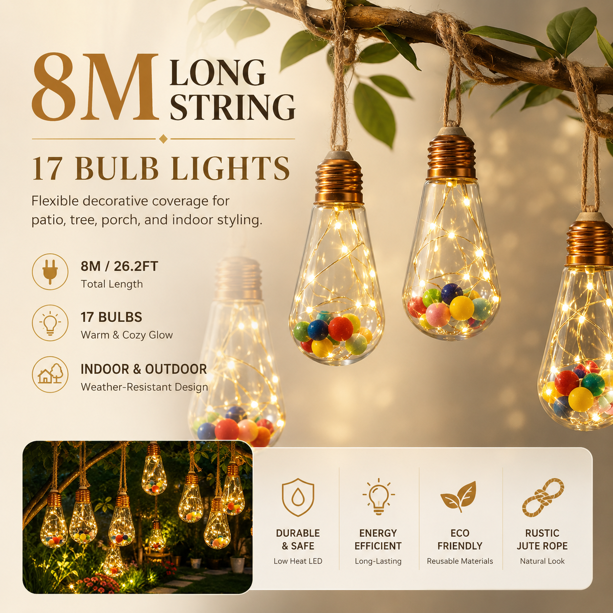8M Solar Hanging Bulb Lights for Garden & Patio Décor
