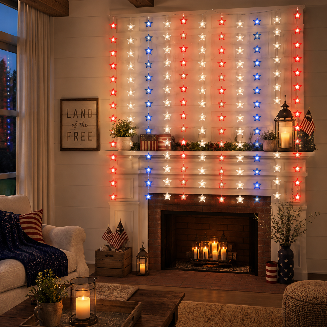 American Flag Inspired Star Curtain Lights for Doors, Windows & Party Backdrops