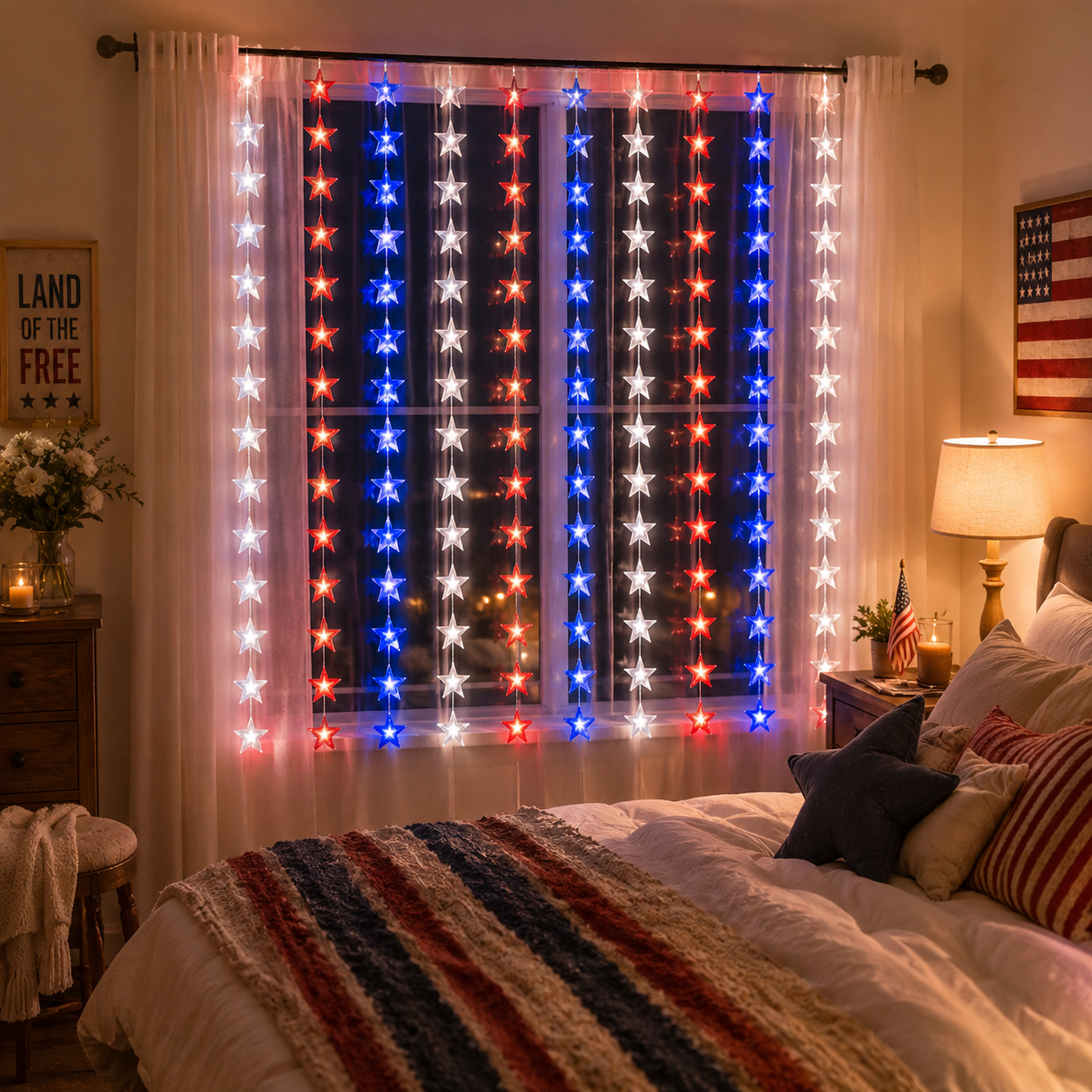 American Flag Inspired Star Curtain Lights for Doors, Windows & Party Backdrops