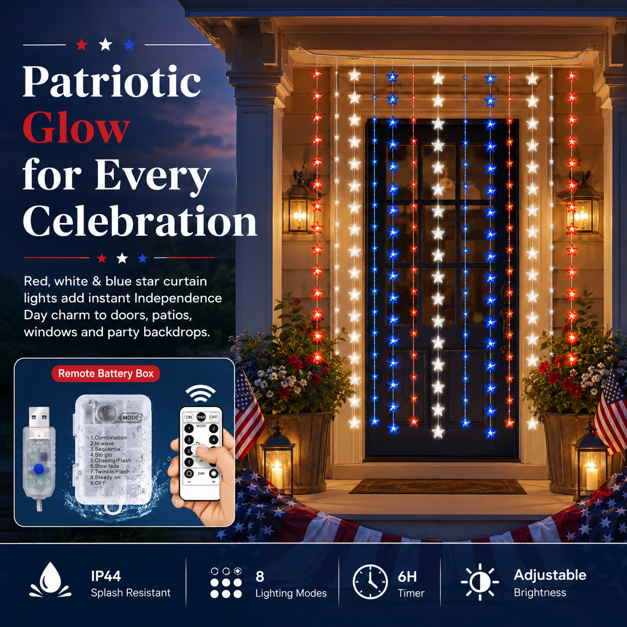 American Flag Inspired Star Curtain Lights for Doors, Windows & Party Backdrops