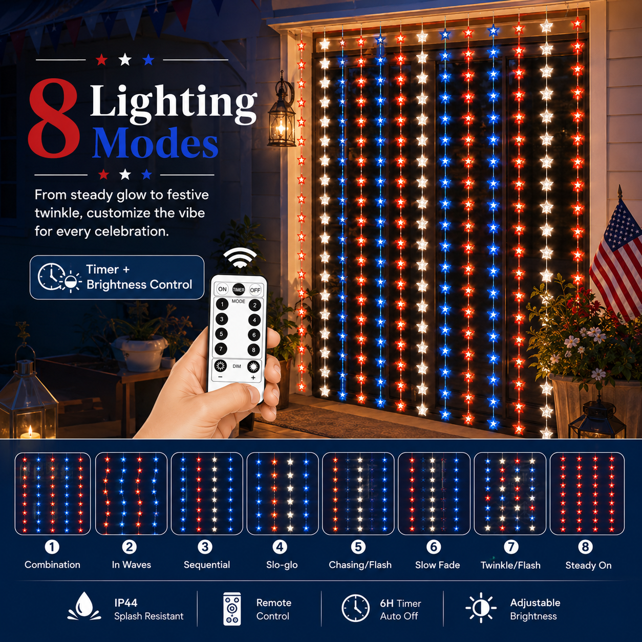 American Flag Inspired Star Curtain Lights for Doors, Windows & Party Backdrops