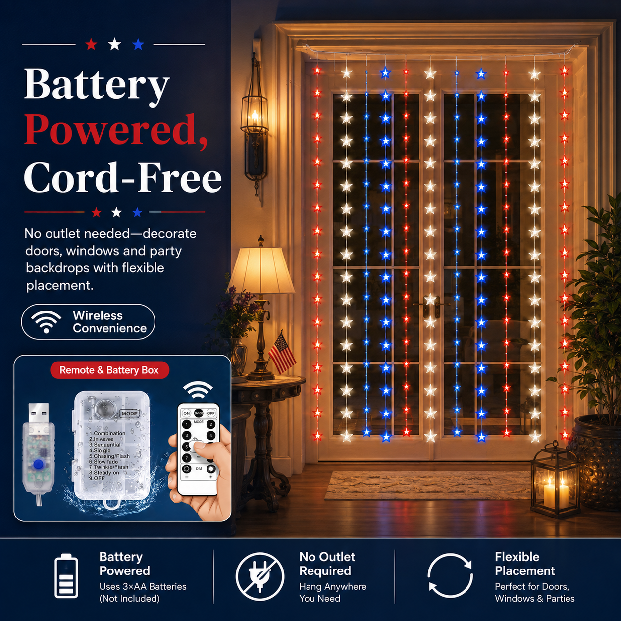 American Flag Inspired Star Curtain Lights for Doors, Windows & Party Backdrops