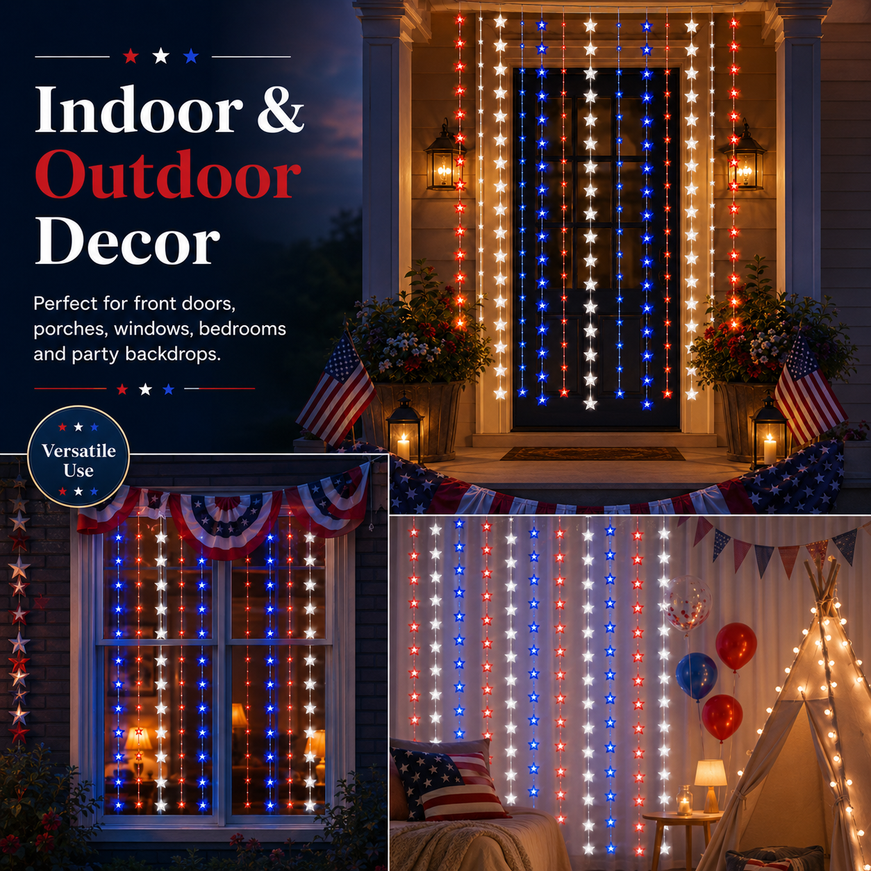 American Flag Inspired Star Curtain Lights for Doors, Windows & Party Backdrops