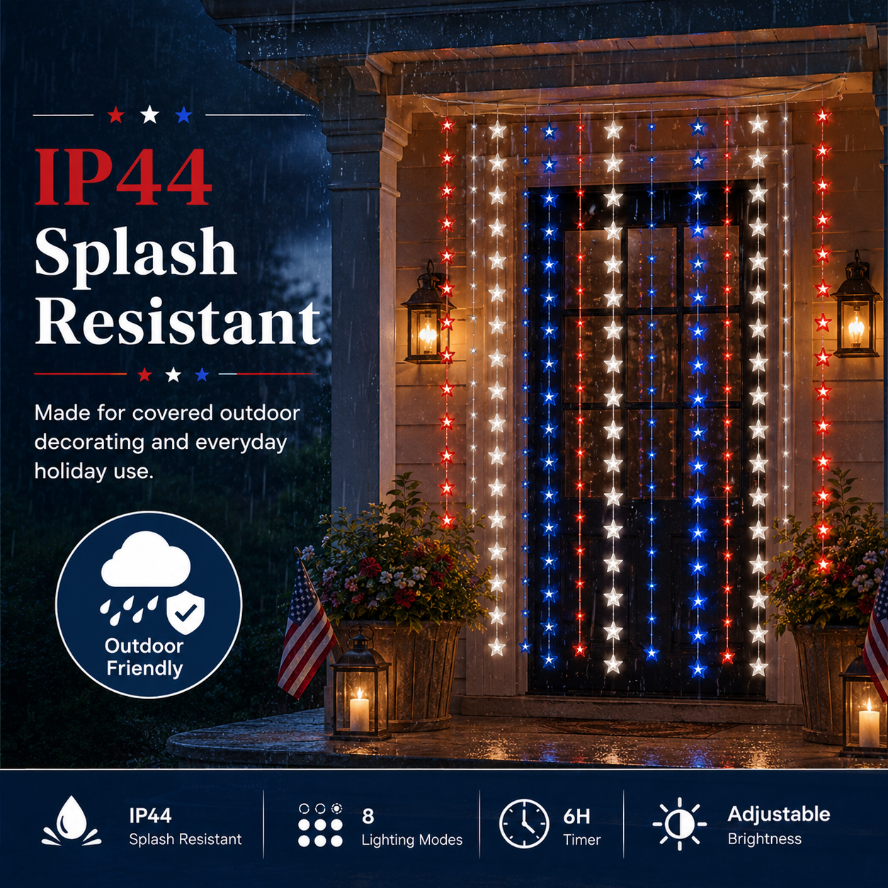 American Flag Inspired Star Curtain Lights for Doors, Windows & Party Backdrops