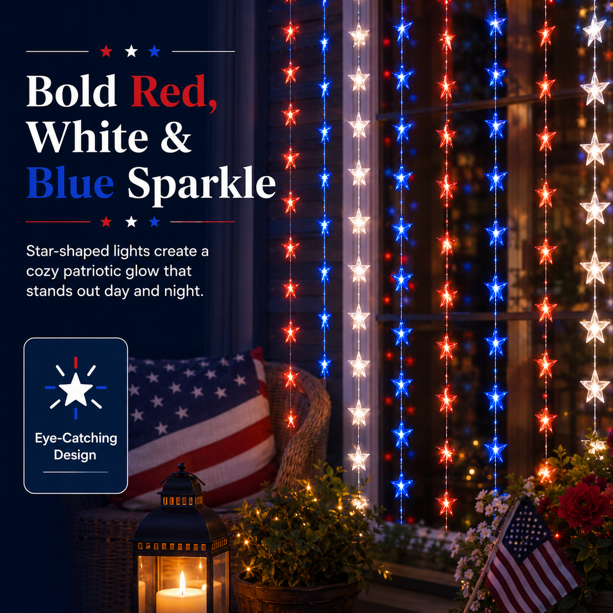 American Flag Inspired Star Curtain Lights for Doors, Windows & Party Backdrops