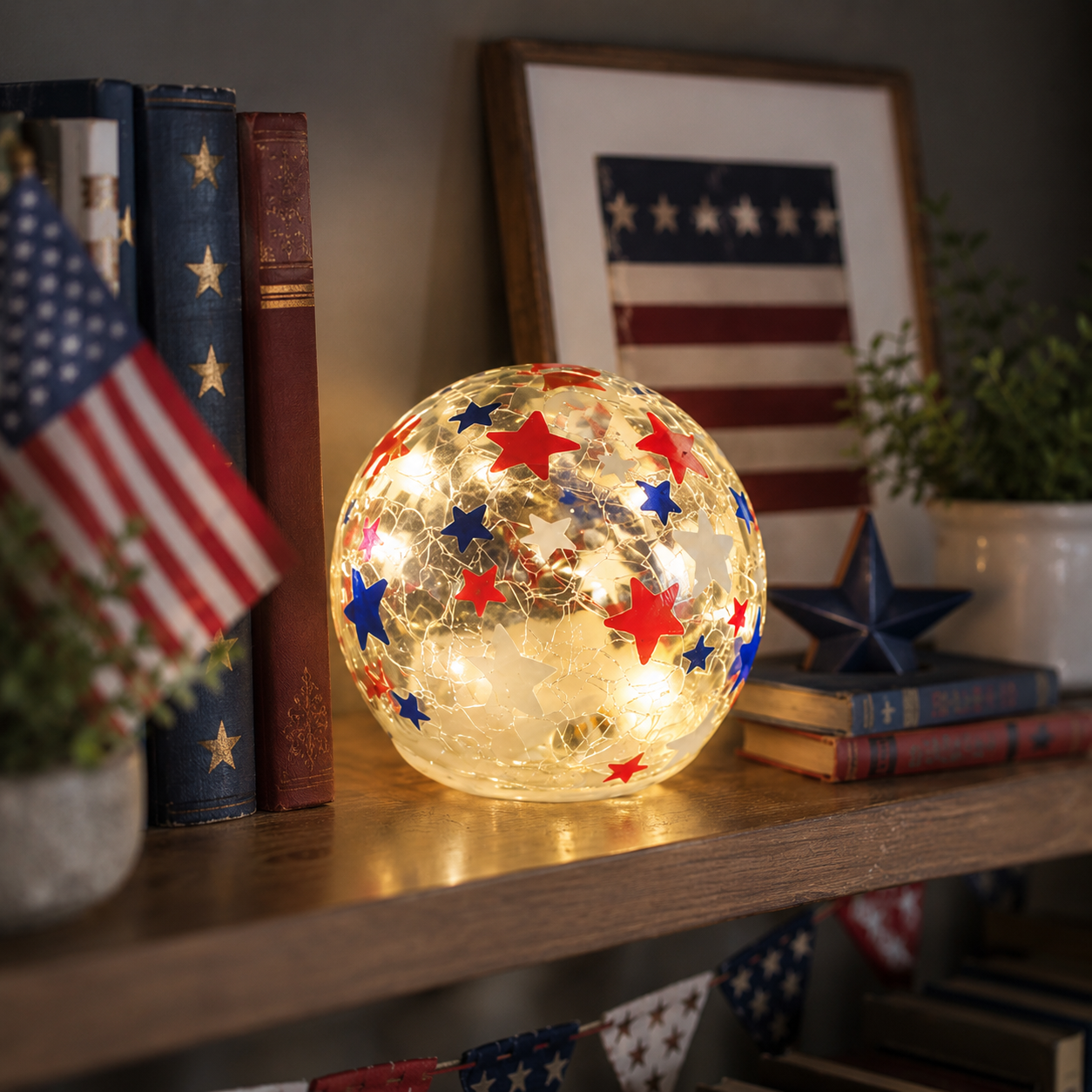 Patriotic Star Crackle Glass Globe Light